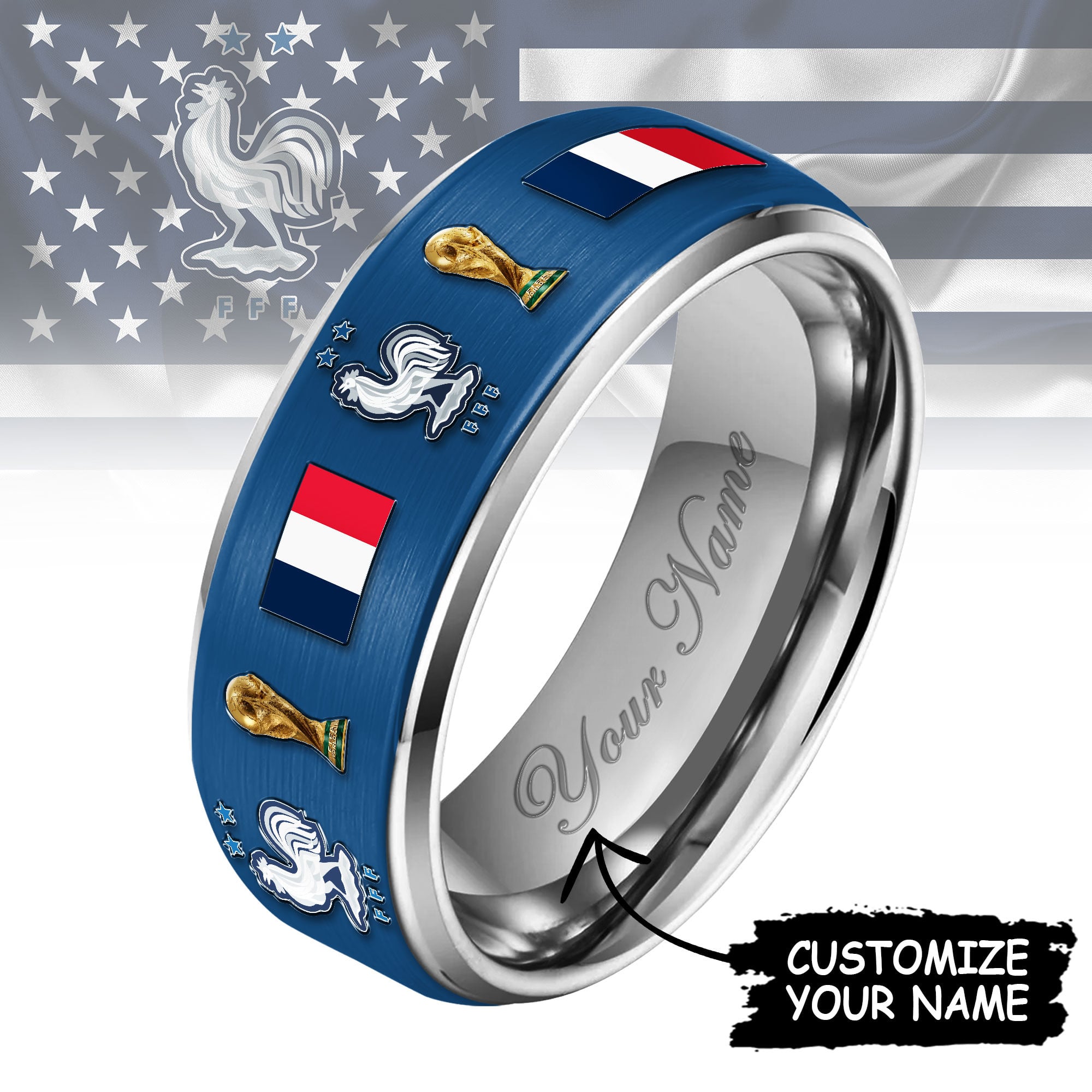 France | Premium WC26 National Football Team Silver Tungsten Ring - Image 2