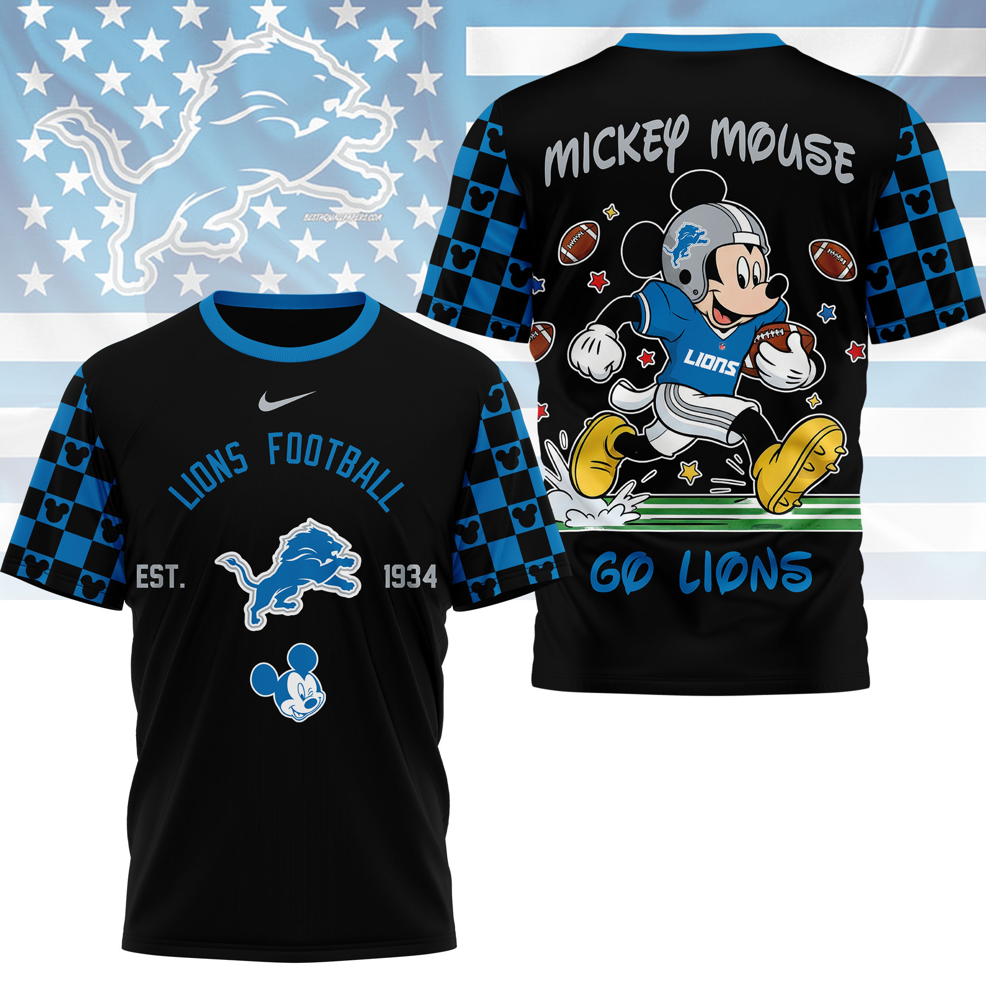 Detroit Lions | Premium NFL Mickey Football 3D Shirt - Image 2