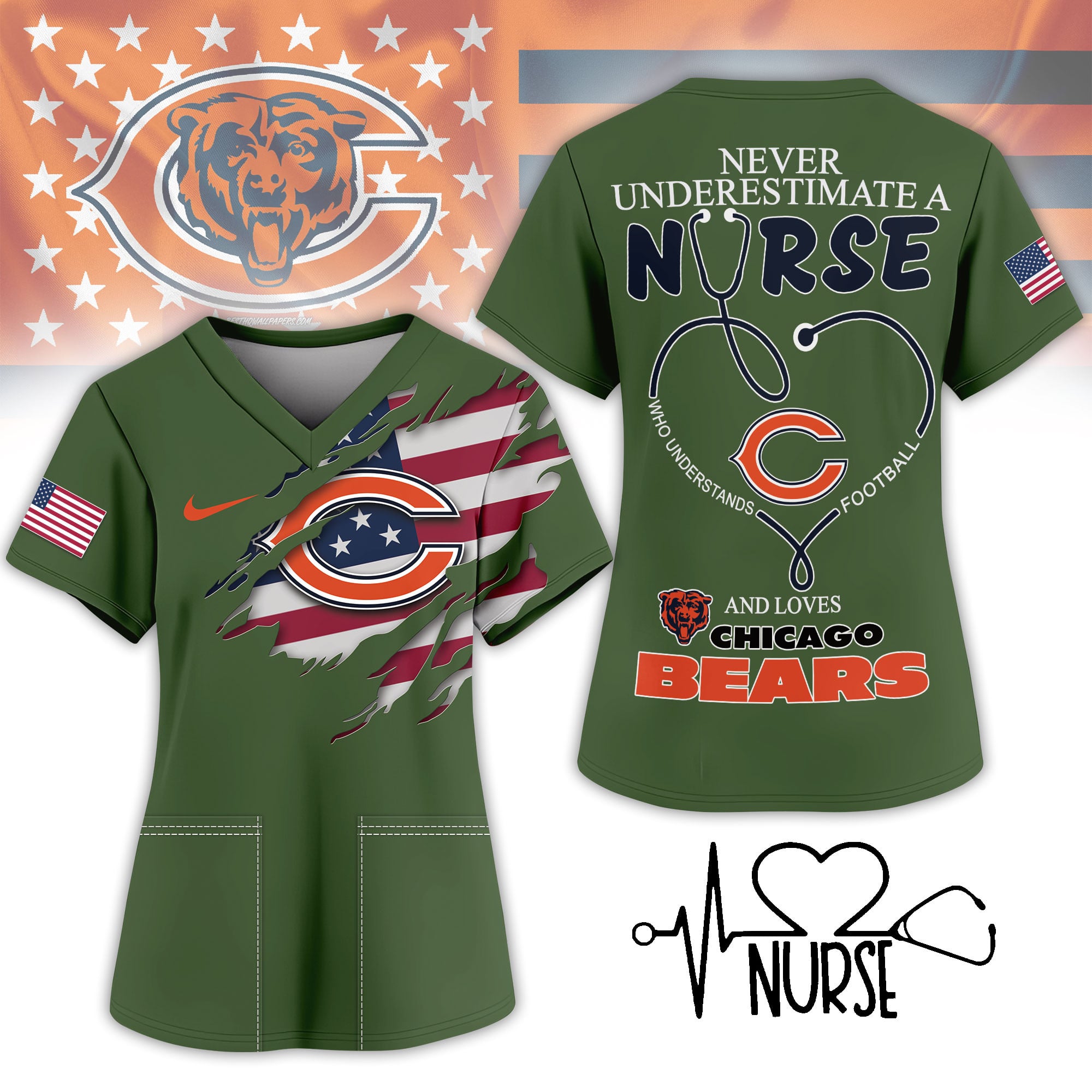 Chicago Bears | Premium NFL Army Nurse 3D Shirt
