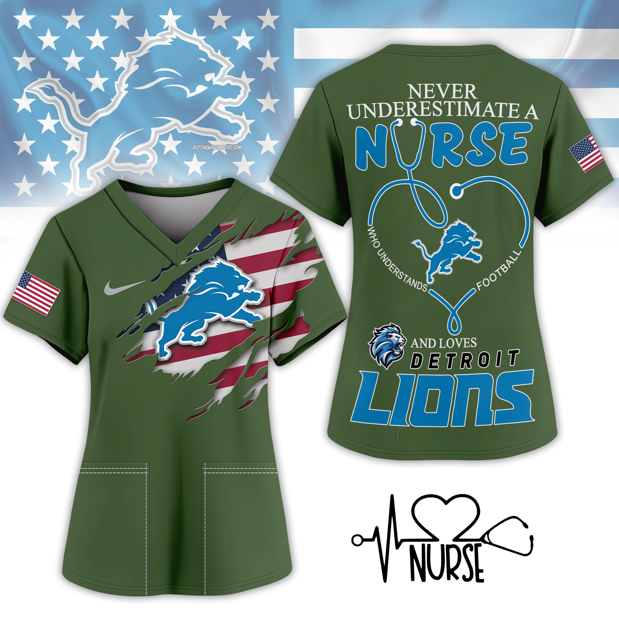 Detroit Lions | Premium NFL Army Nurse 3D Shirt
