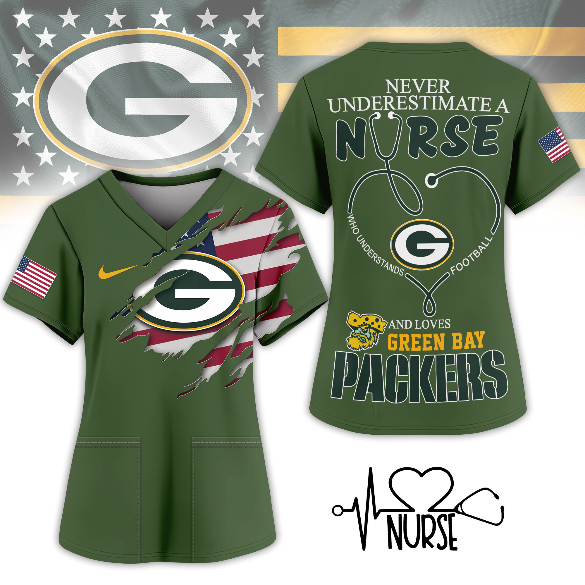 Green Bay Packers | Premium NFL Army Nurse 3D Shirt