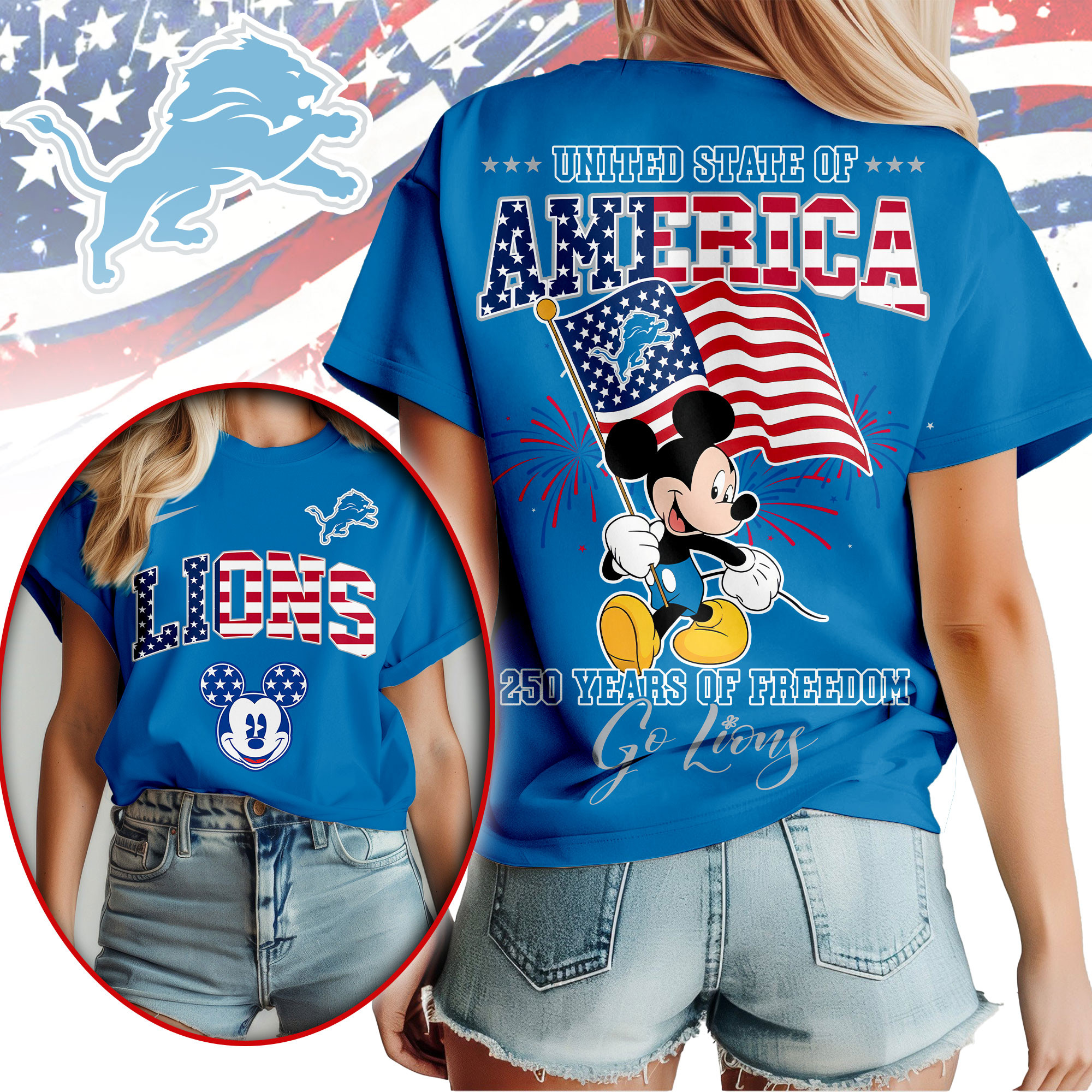 Detroit Lions | Premium NFL Freedom 250 3D Shirt - Image 3