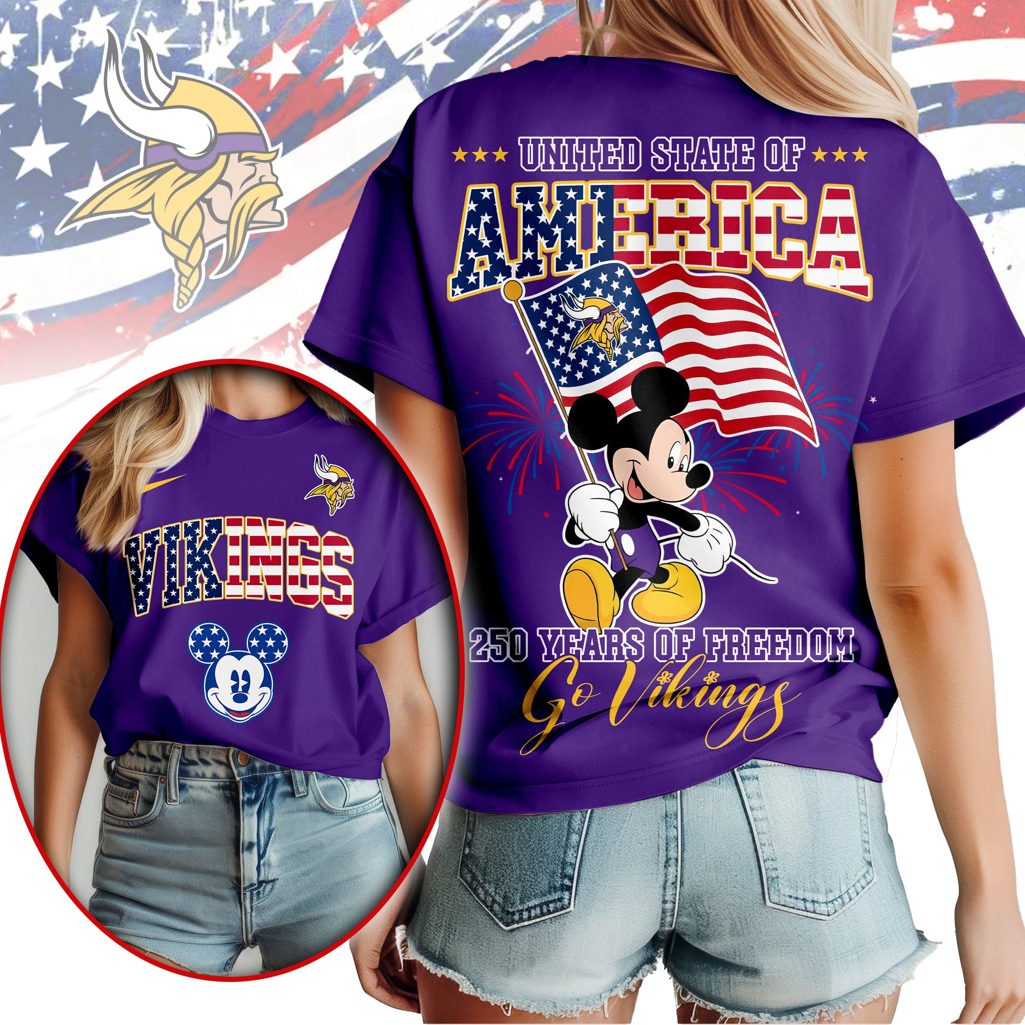 Minnesota Vikings | Premium NFL Freedom 250 3D Shirt - Image 3