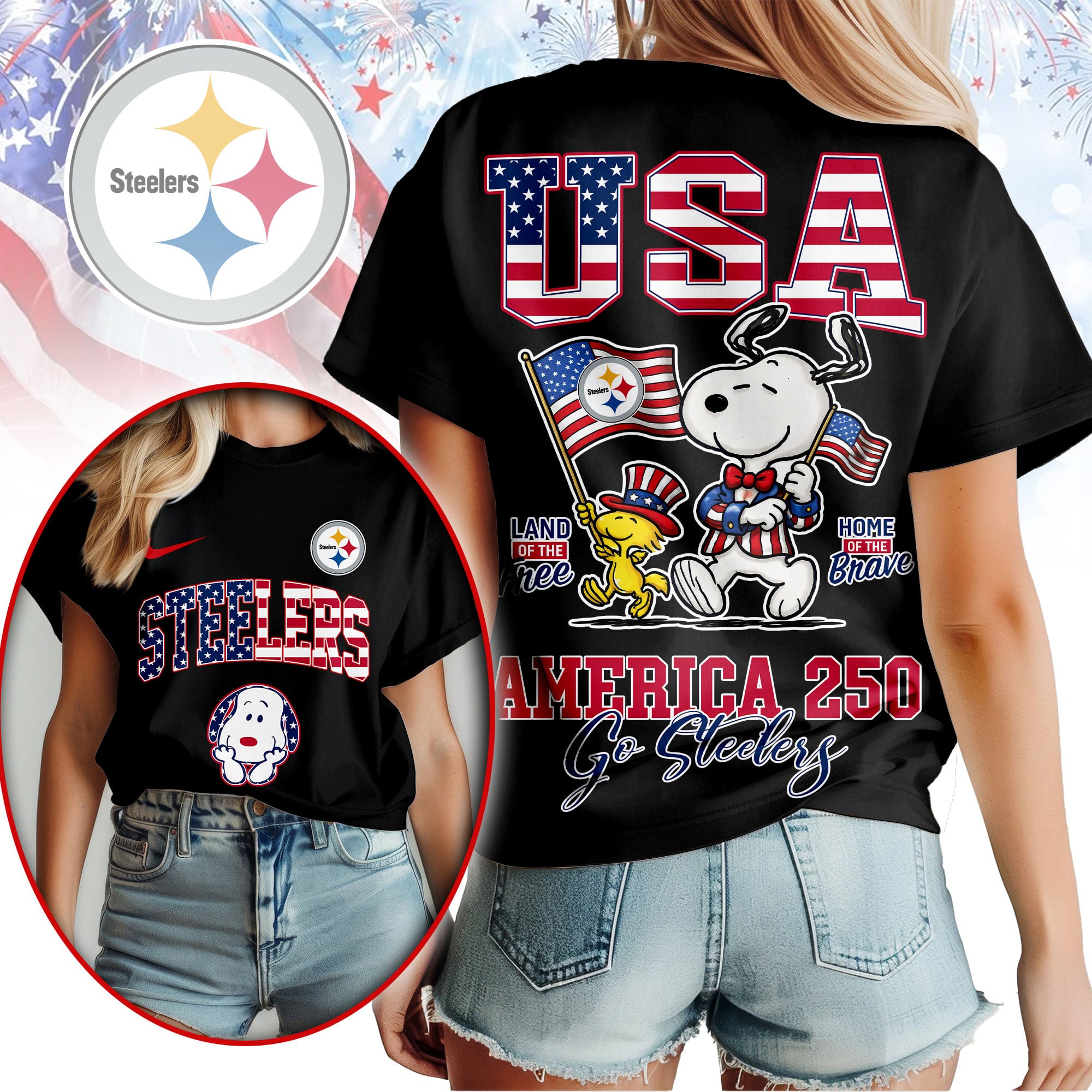 Pittsburgh Steelers | Premium NFL Snoopy America 250 3D Shirt - Image 2