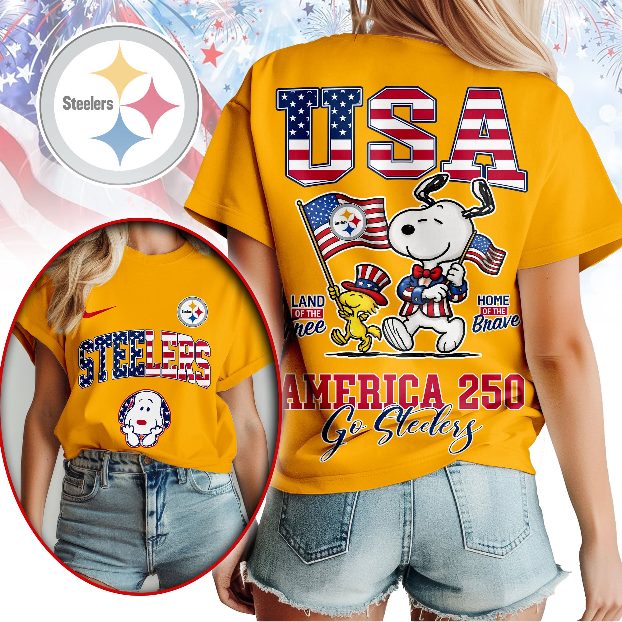 Pittsburgh Steelers | Premium NFL Snoopy America 250 3D Shirt - Image 3