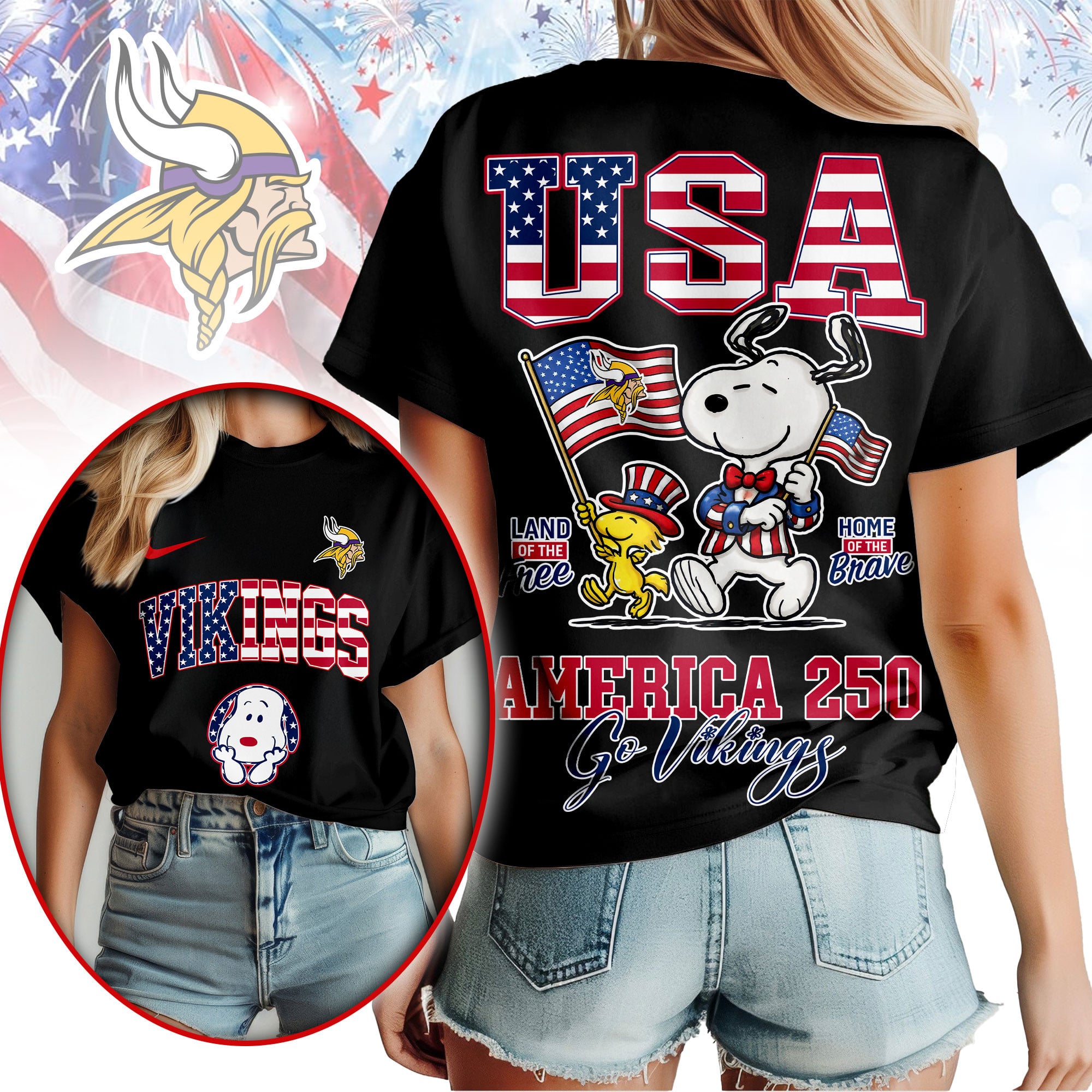 Minnesota Vikings | Premium NFL Snoopy America 250 3D Shirt - Image 2