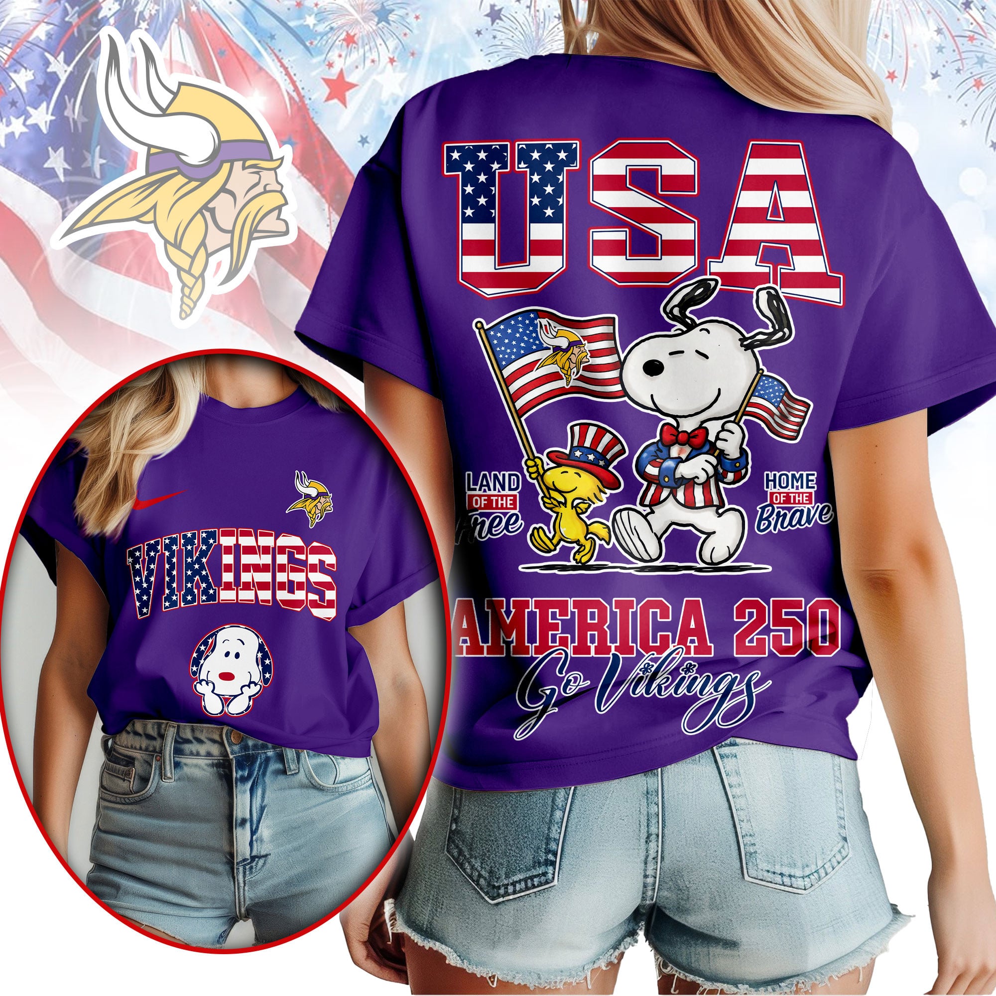 Minnesota Vikings | Premium NFL Snoopy America 250 3D Shirt - Image 3