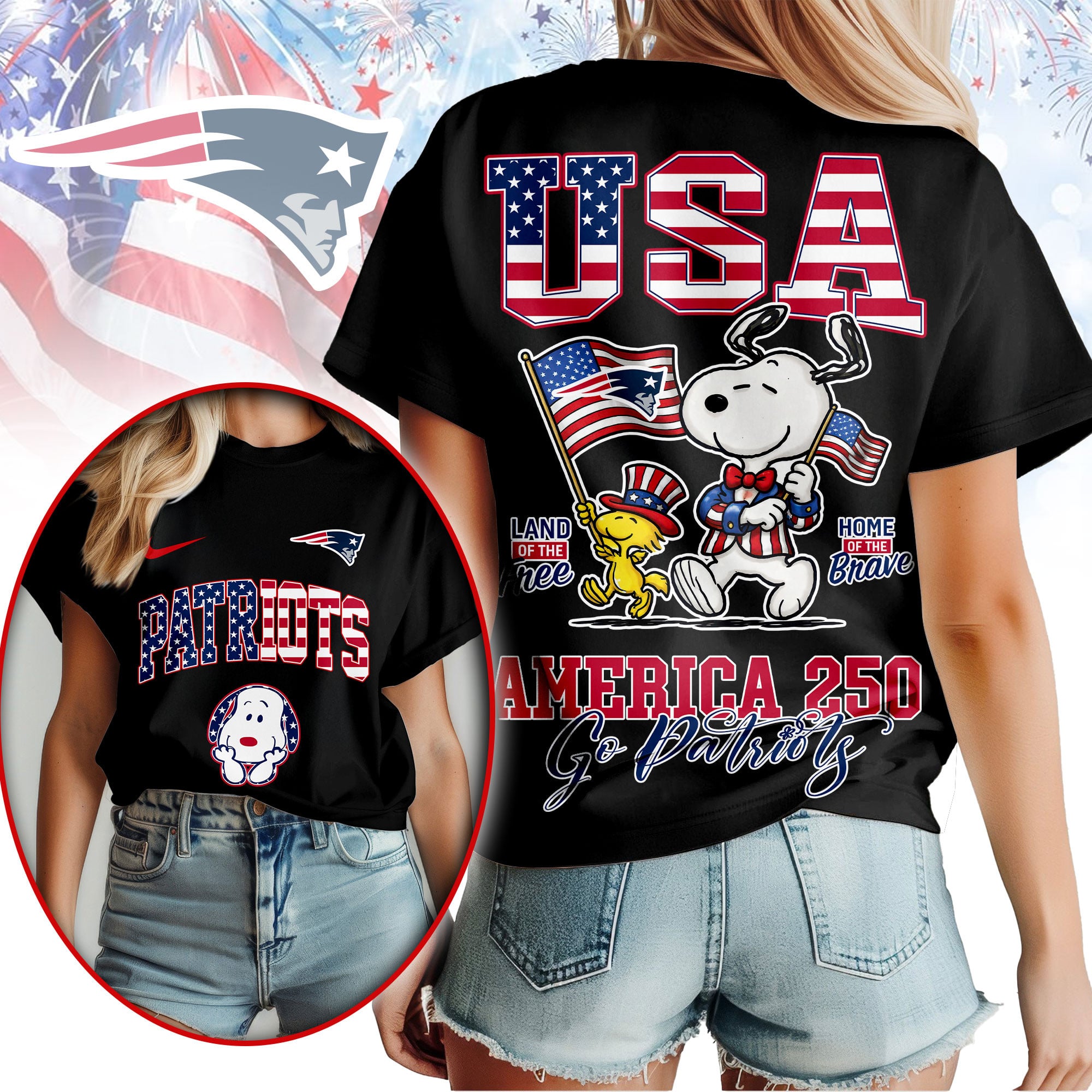 New England Patriots | Premium NFL Snoopy America 250 3D Shirt - Image 2