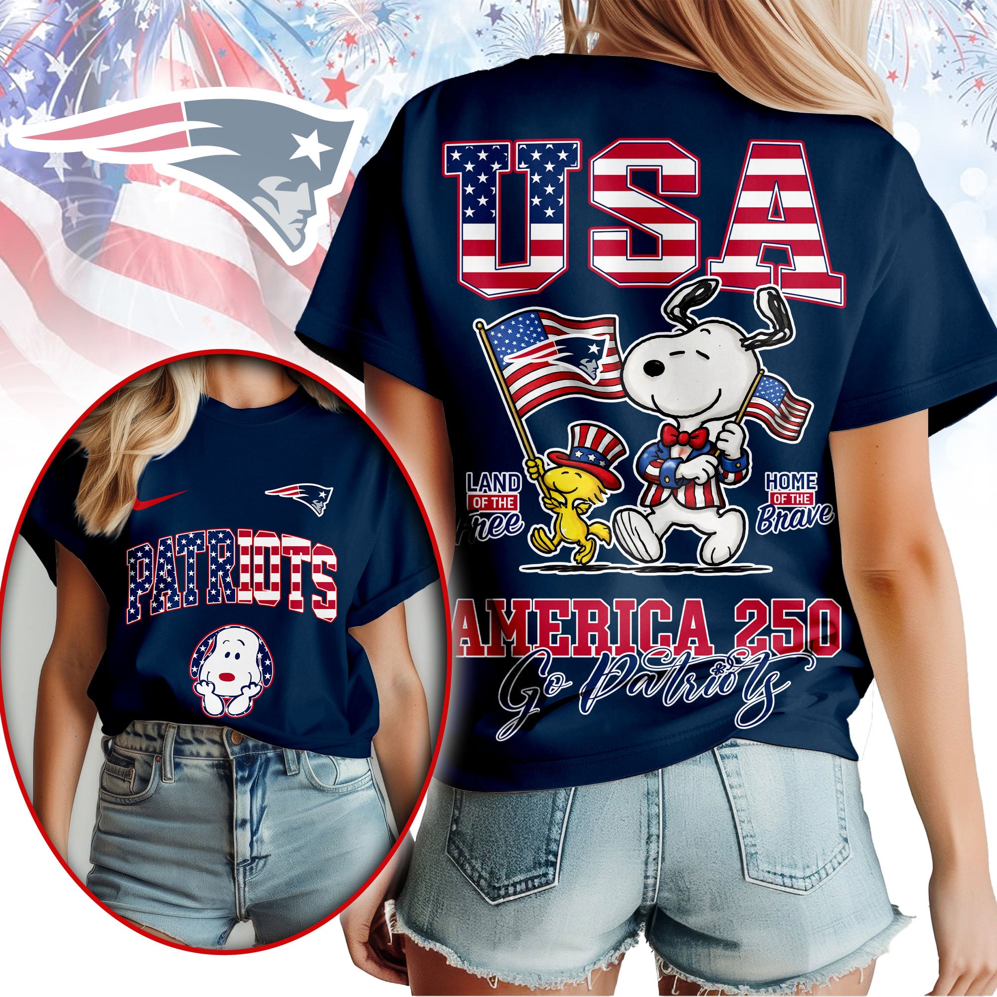 New England Patriots | Premium NFL Snoopy America 250 3D Shirt - Image 3