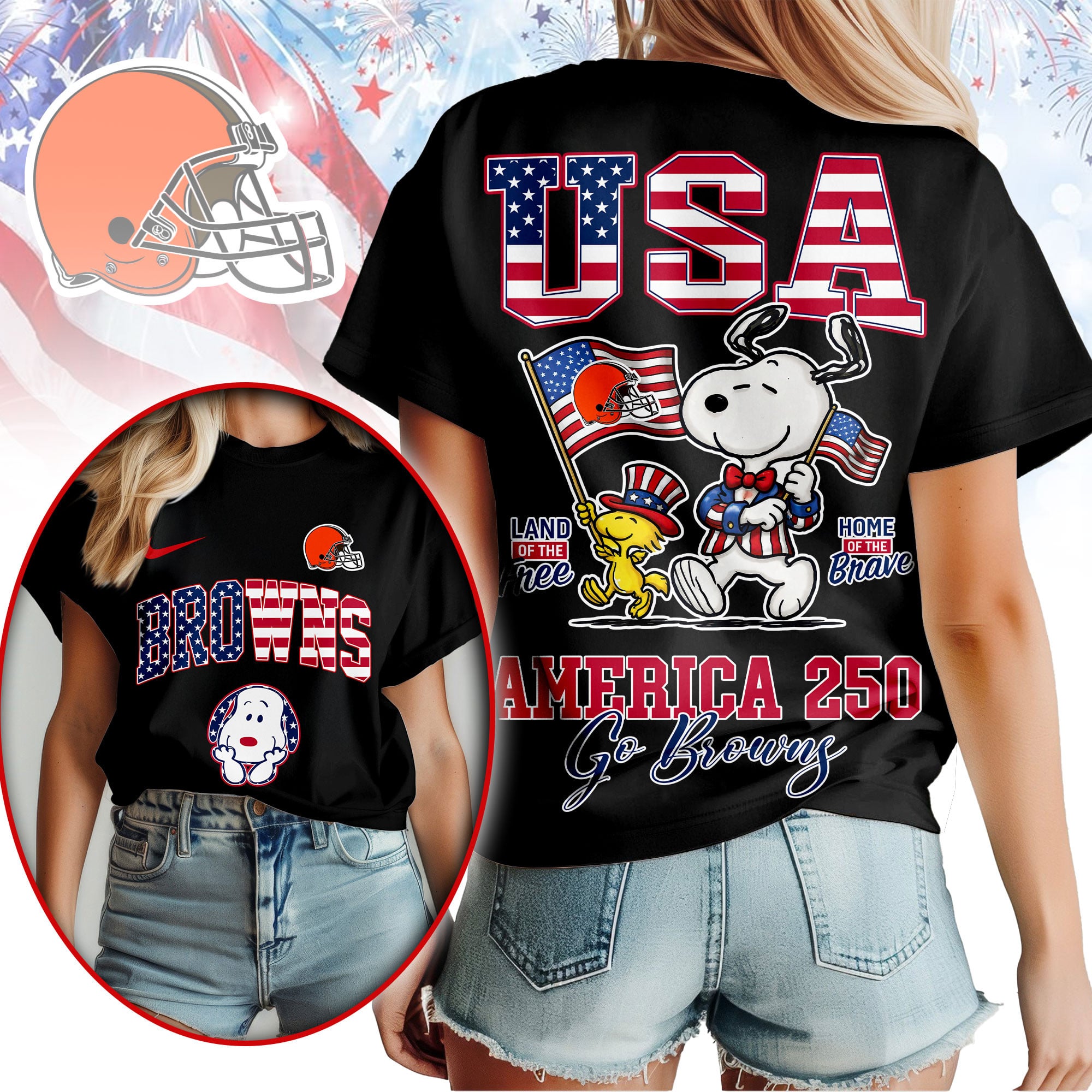 Cleveland Browns | Premium NFL Snoopy America 250 3D Shirt - Image 2