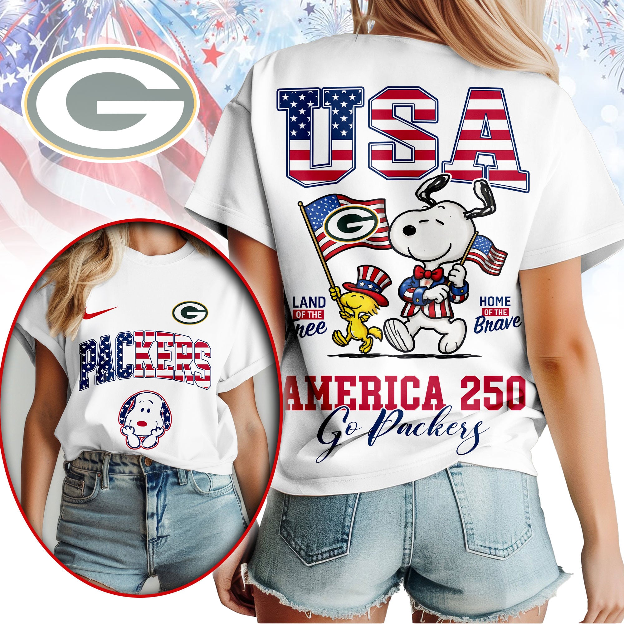 Green Bay Packers | Premium NFL Snoopy America 250 3D Shirt