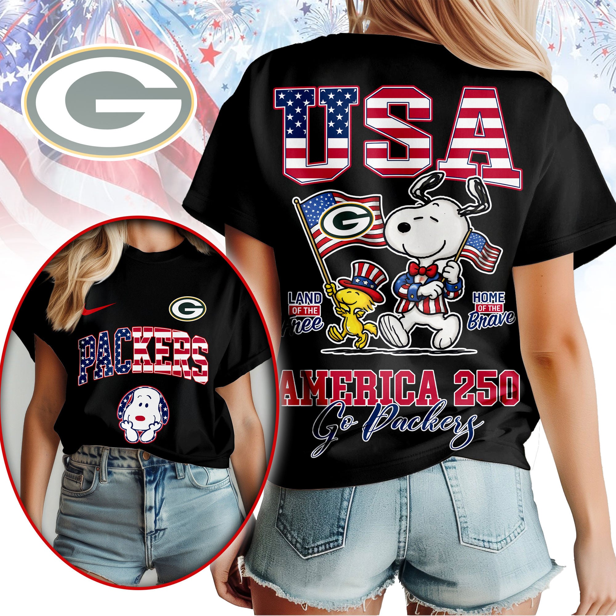 Green Bay Packers | Premium NFL Snoopy America 250 3D Shirt - Image 2