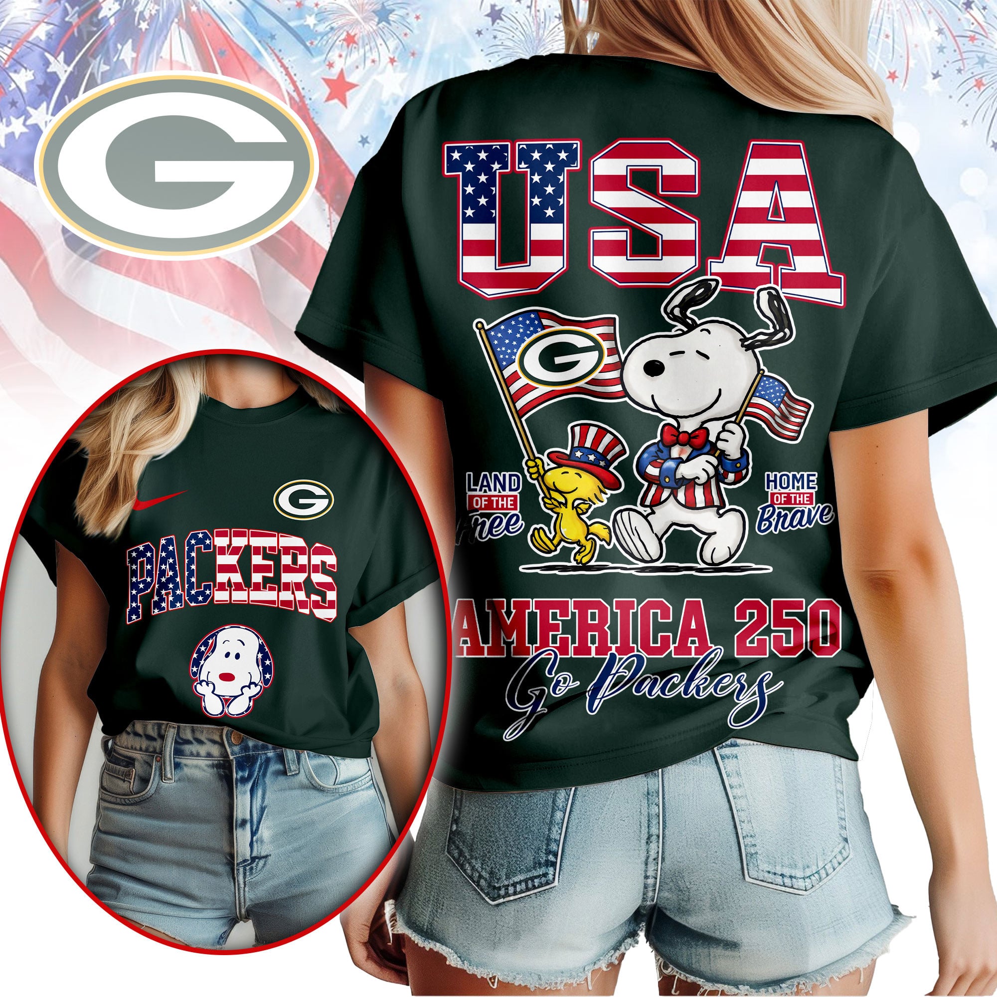 Green Bay Packers | Premium NFL Snoopy America 250 3D Shirt - Image 3