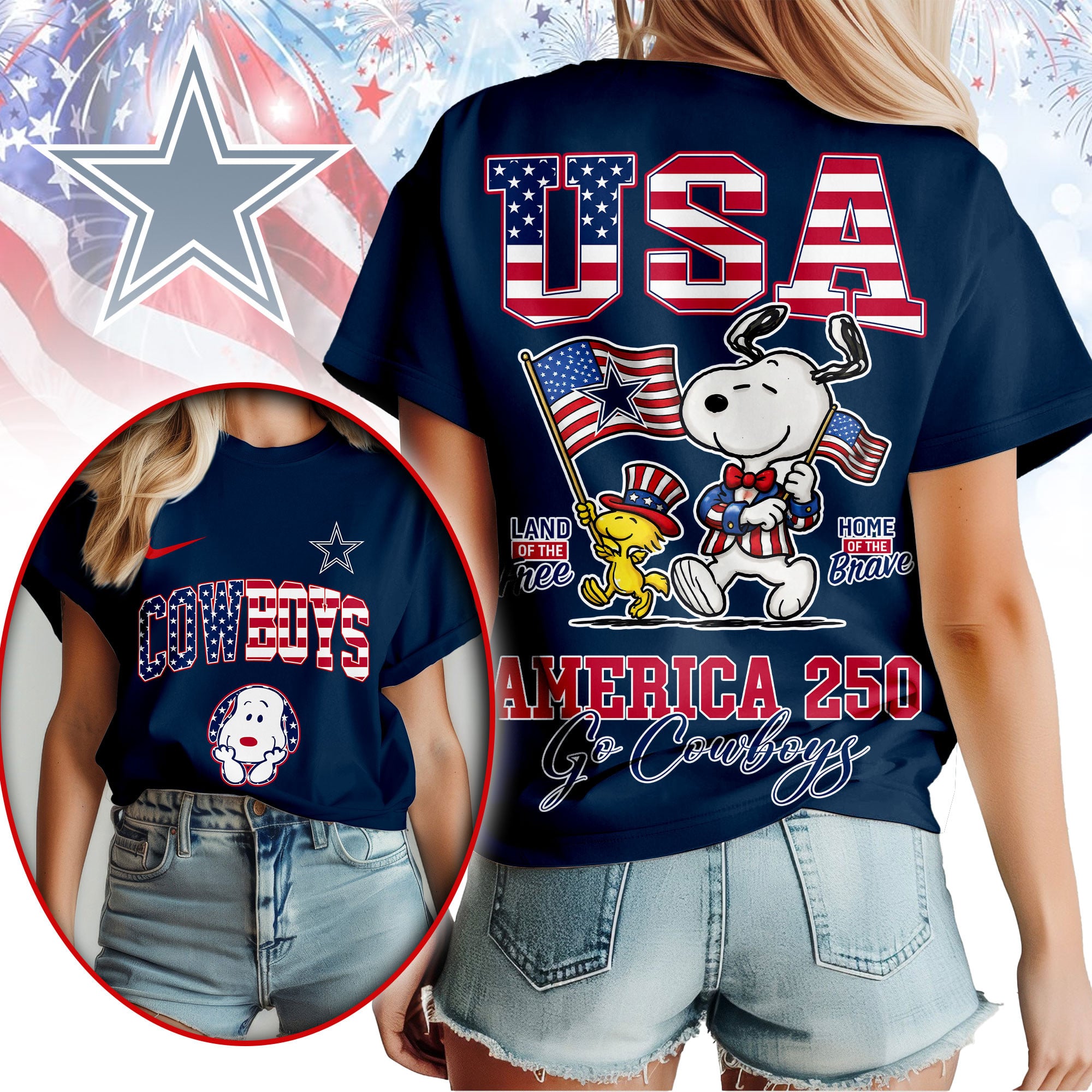Dallas Cowboys | Premium NFL Snoopy America 250 3D Shirt - Image 3