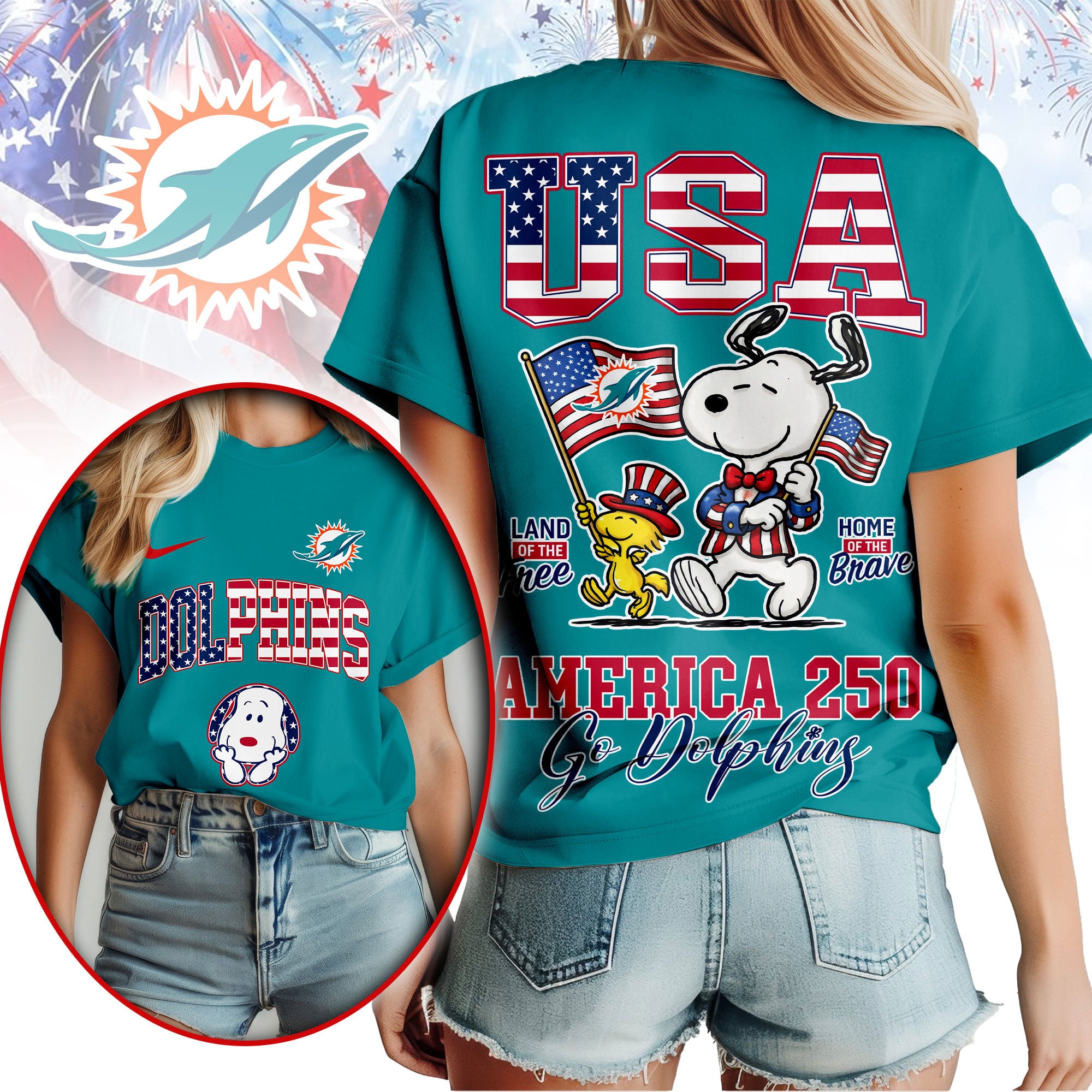 Miami Dolphins | Premium NFL Snoopy America 250 3D Shirt - Image 3