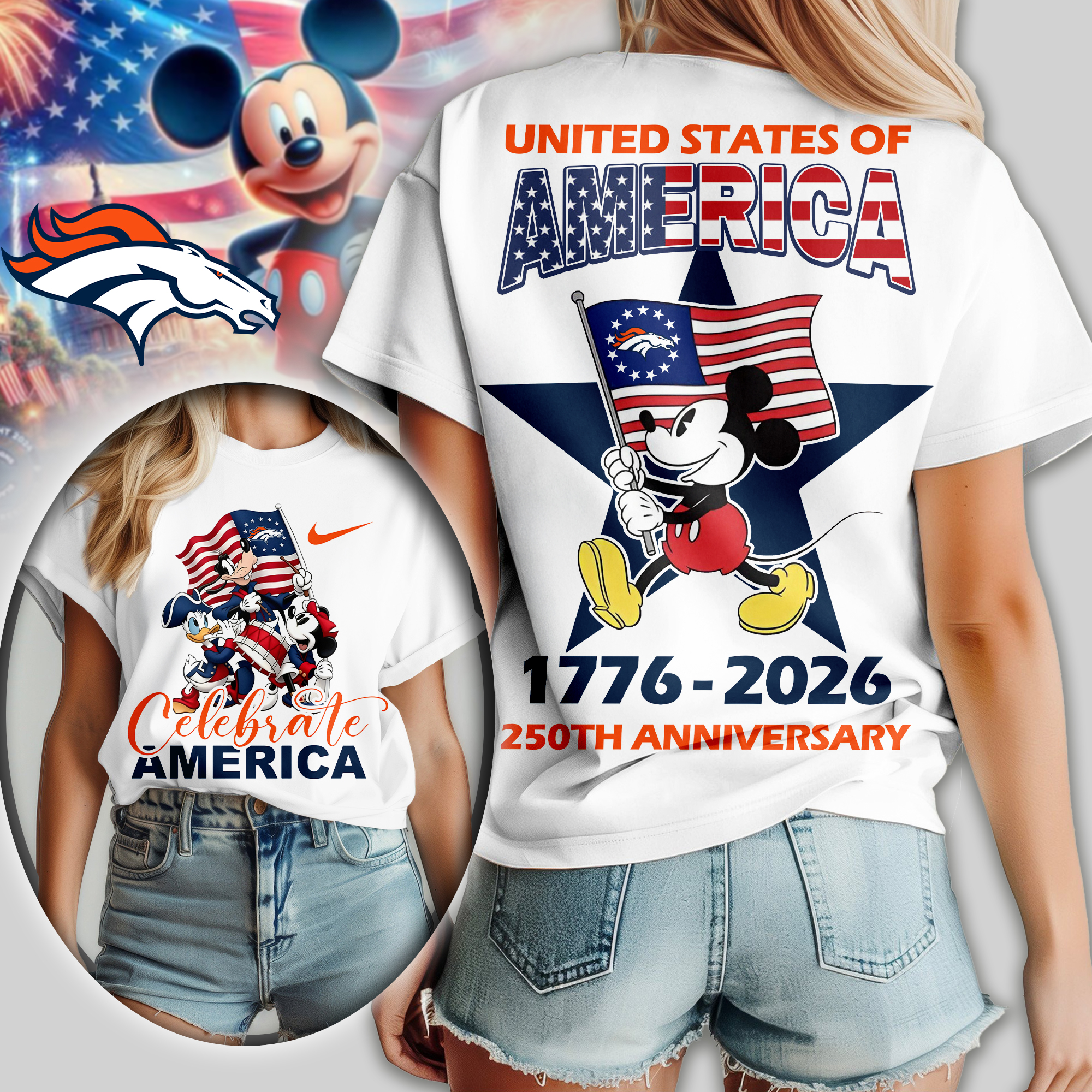 Denver Broncos | Premium NFL Mickey Celebrate America Women Shirt