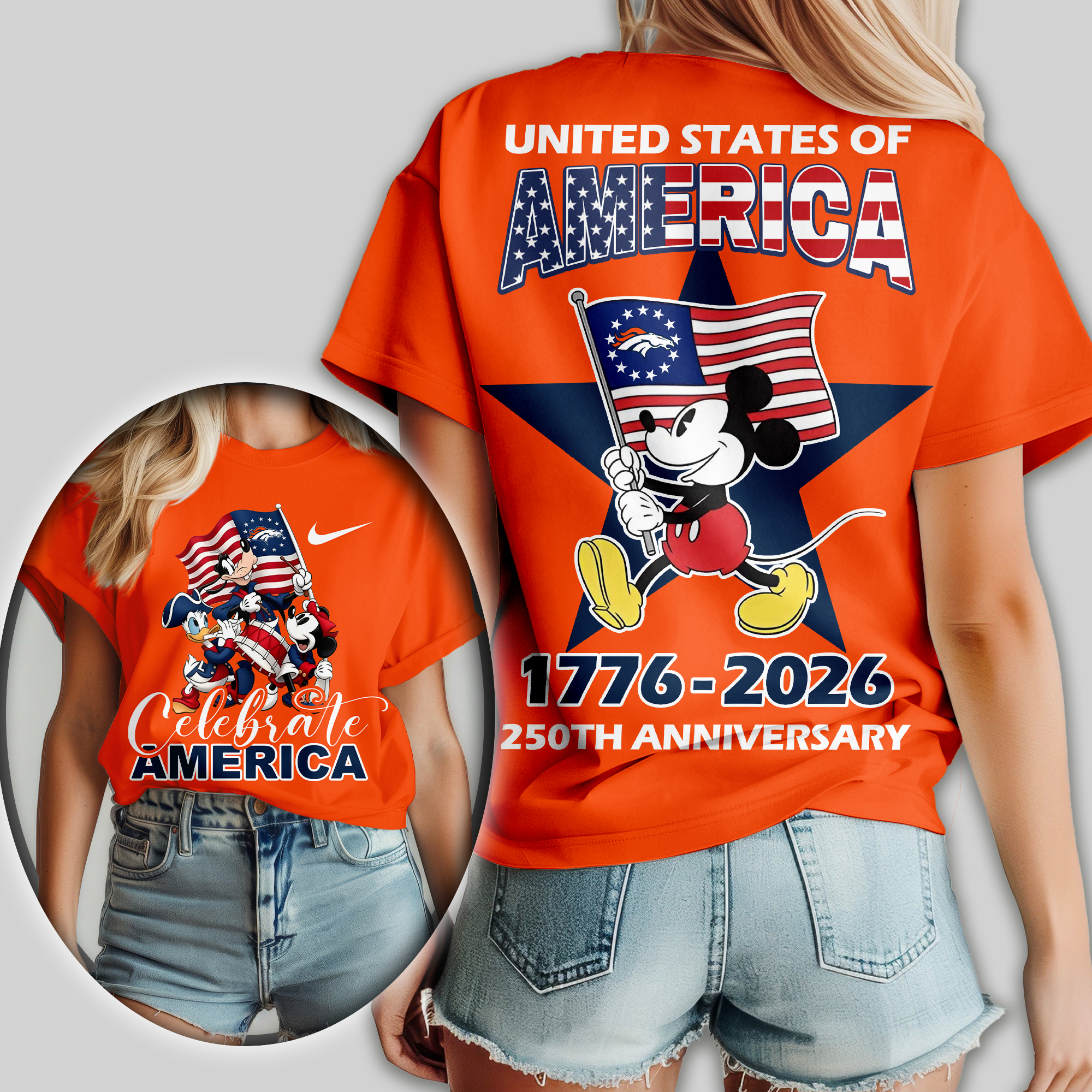 Denver Broncos | Premium NFL Mickey Celebrate America Women Shirt - Image 4