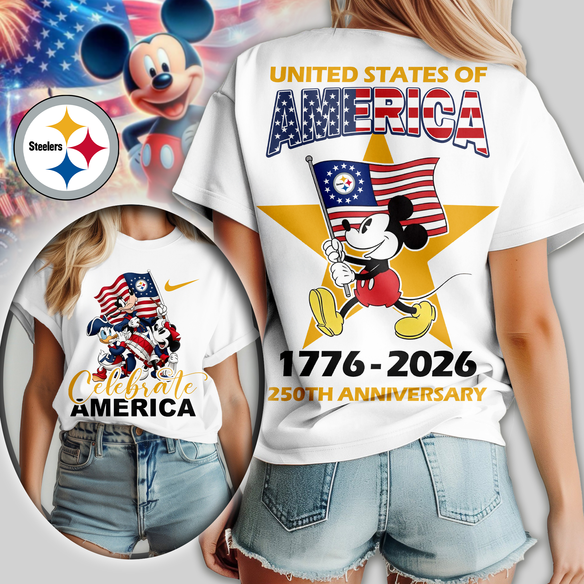 Pittsburgh Steelers | Premium NFL Mickey Celebrate America Women Shirt