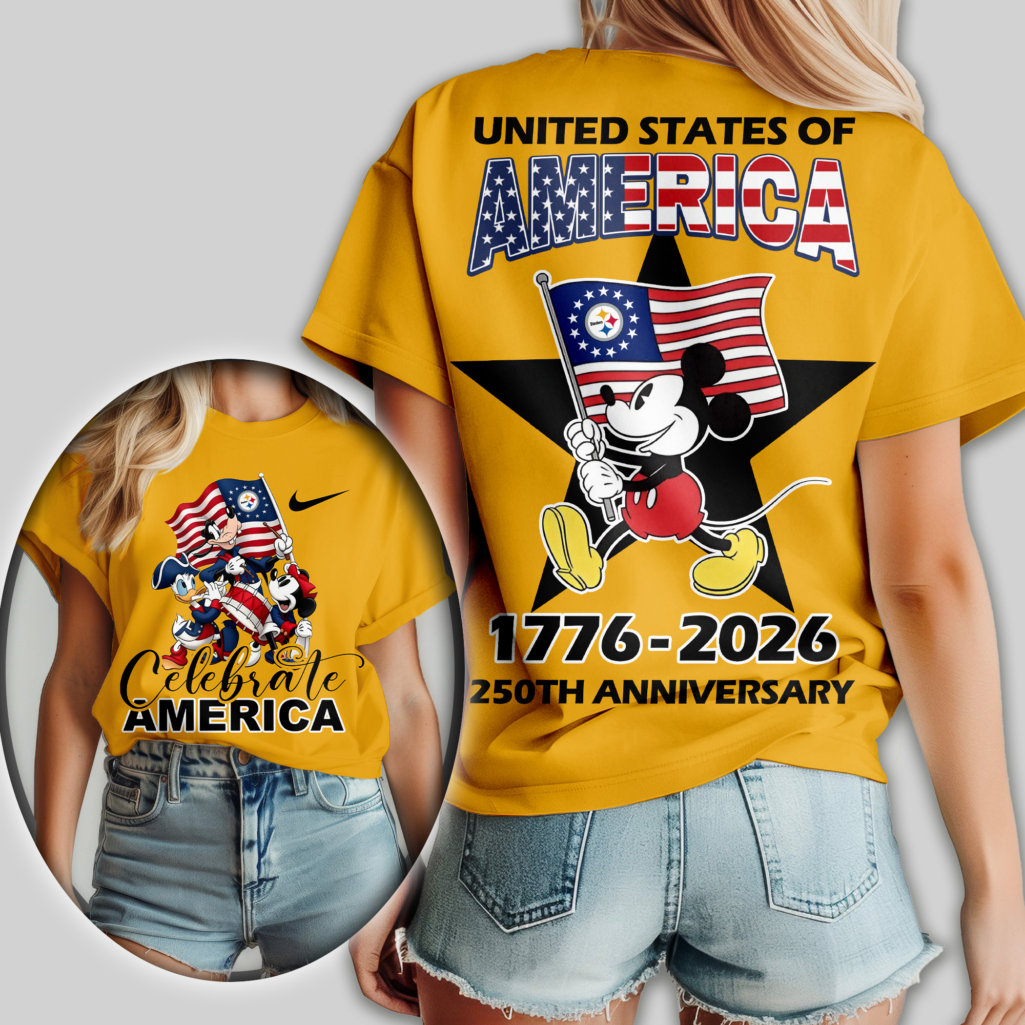 Pittsburgh Steelers | Premium NFL Mickey Celebrate America Women Shirt - Image 3