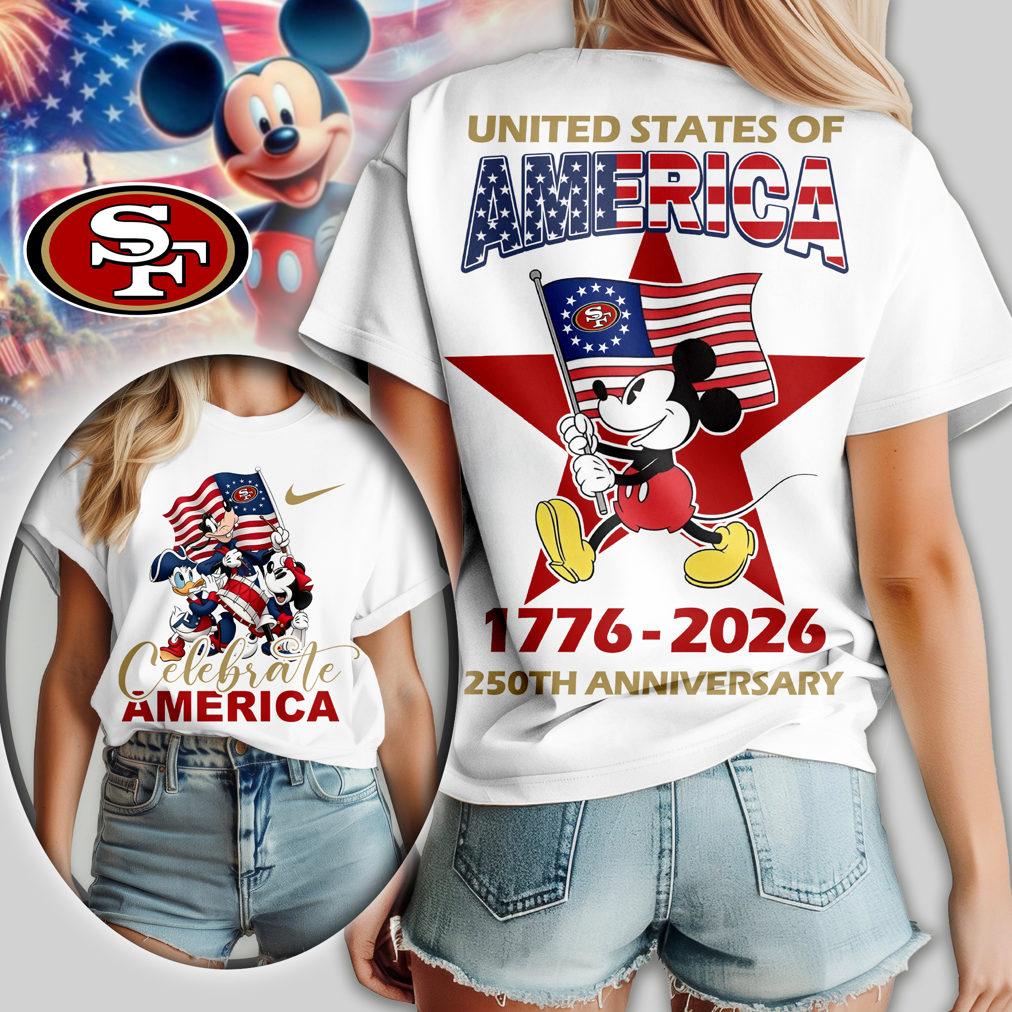 San Francisco 49ers | Premium NFL Mickey Celebrate America Women Shirt