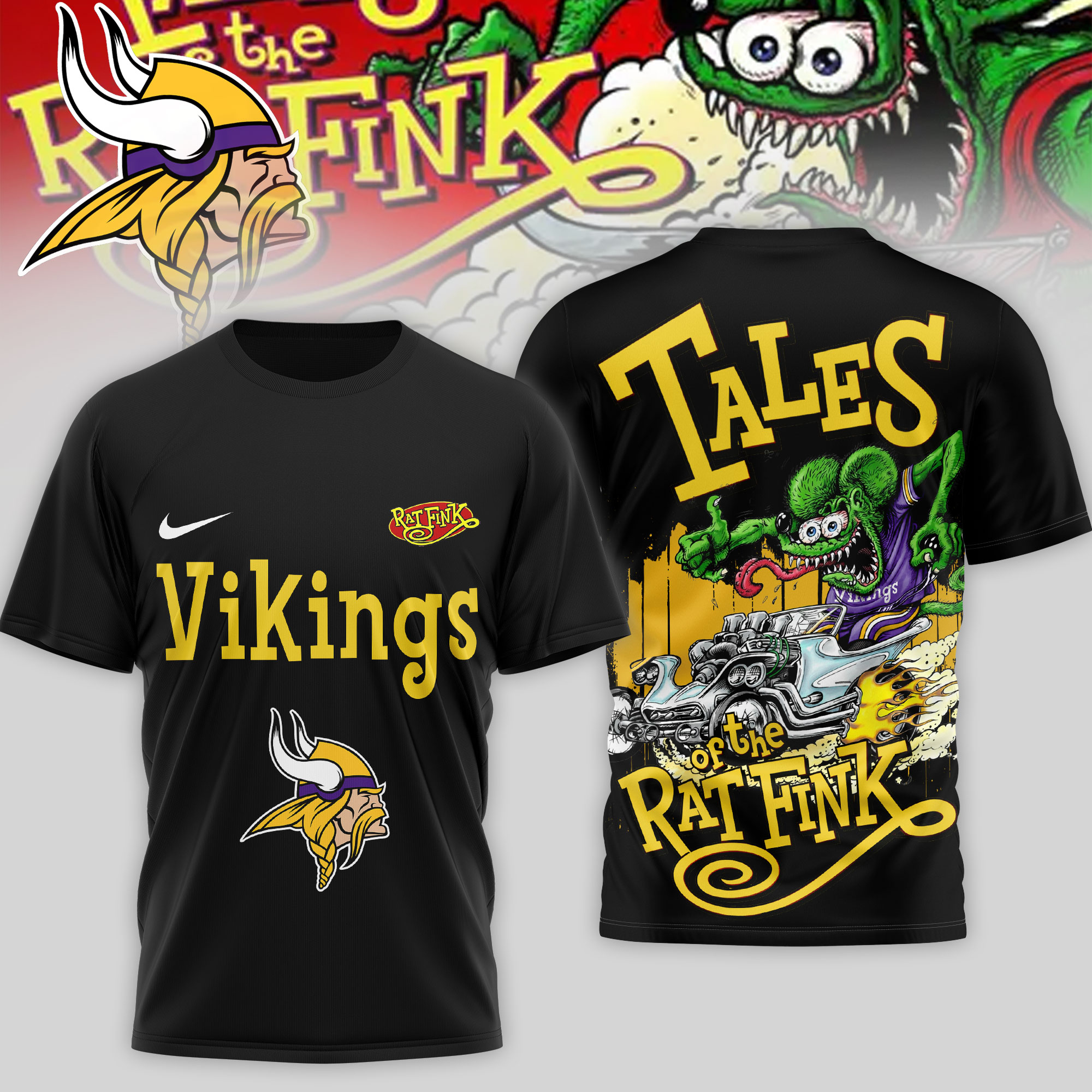 Minnesota Vikings | Premium NFL Rat Fink 3D Shirt - Image 2