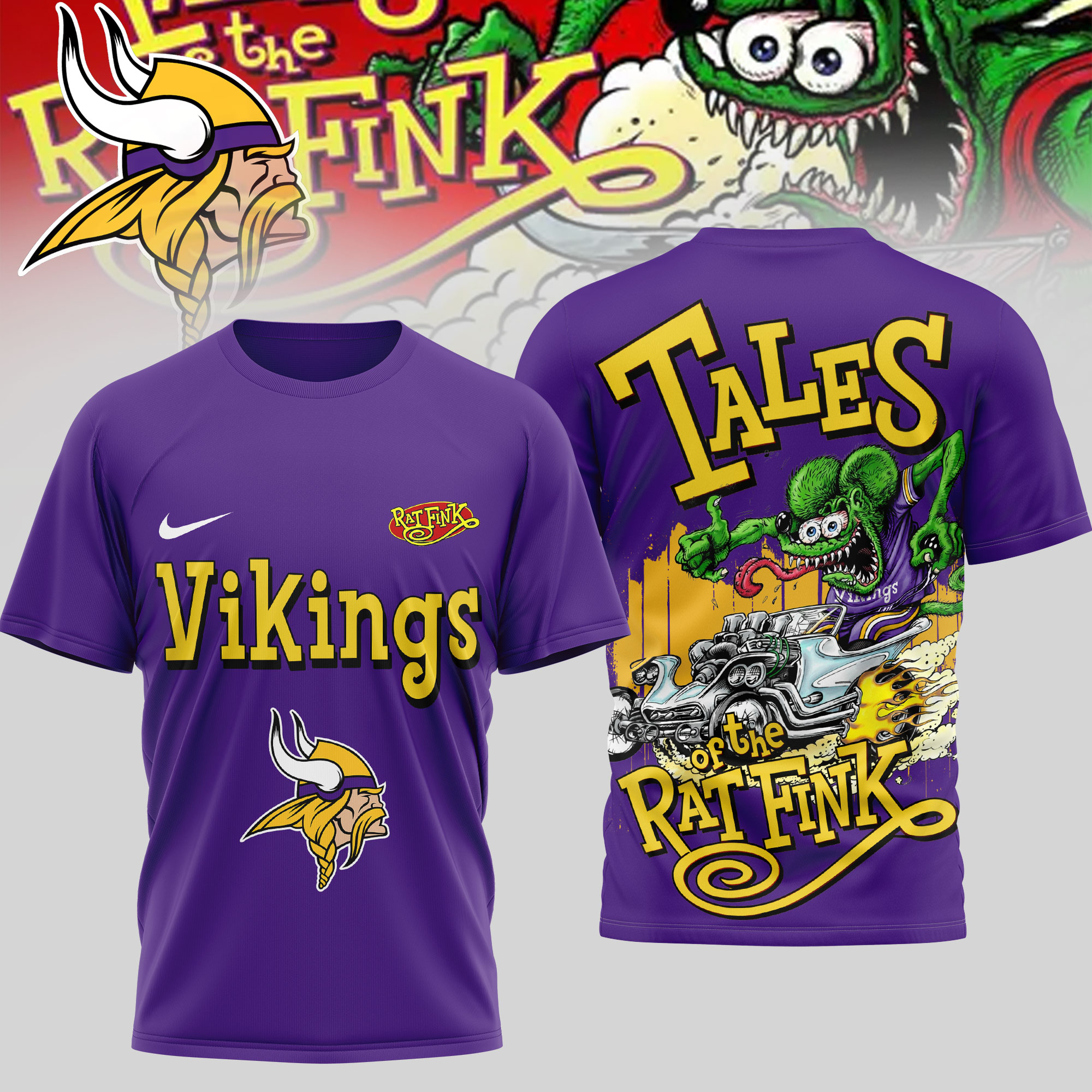 Minnesota Vikings | Premium NFL Rat Fink 3D Shirt - Image 3