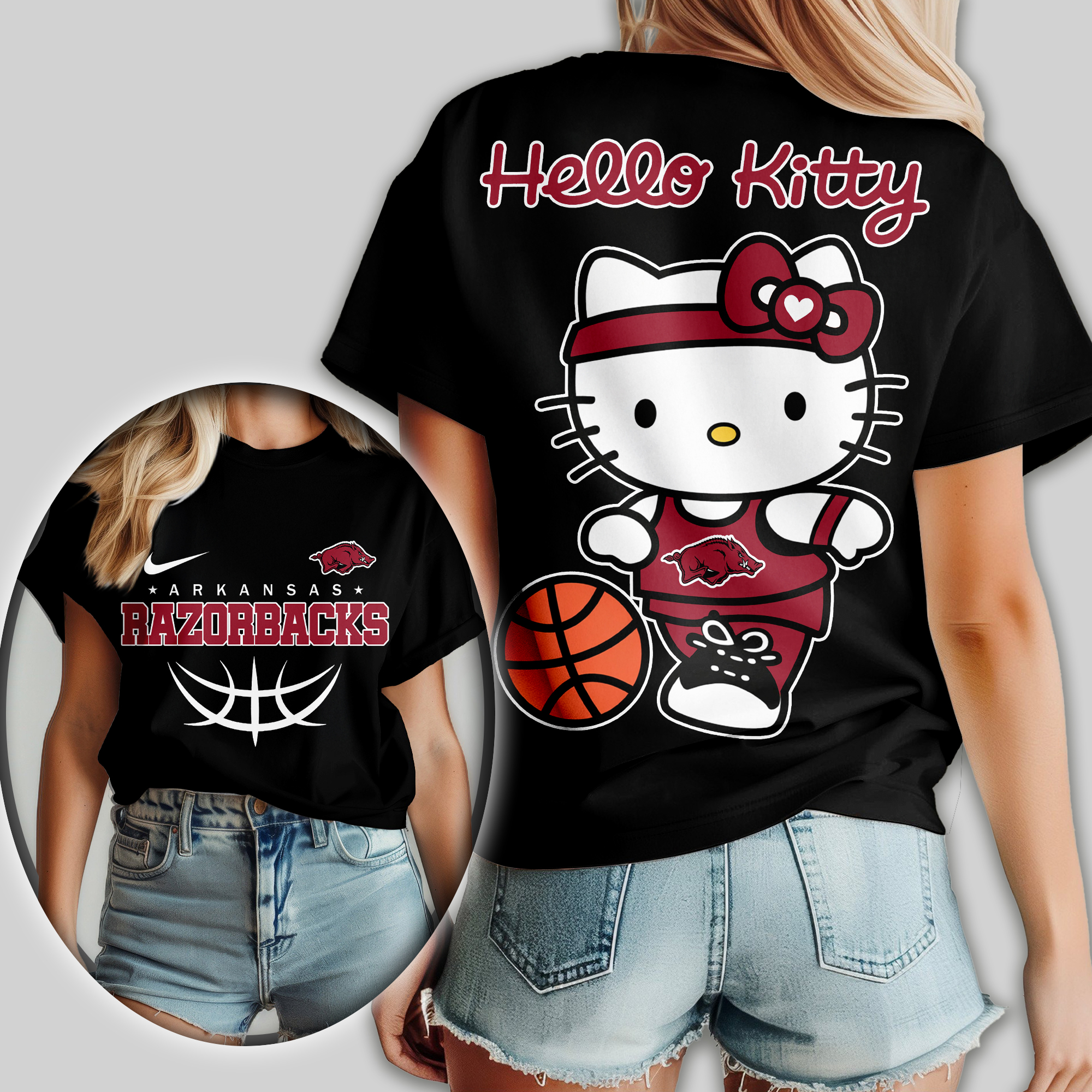 Arkansas Razorbacks | Premium NCAA Hello Kitty Basketball Women Shirt - Image 2
