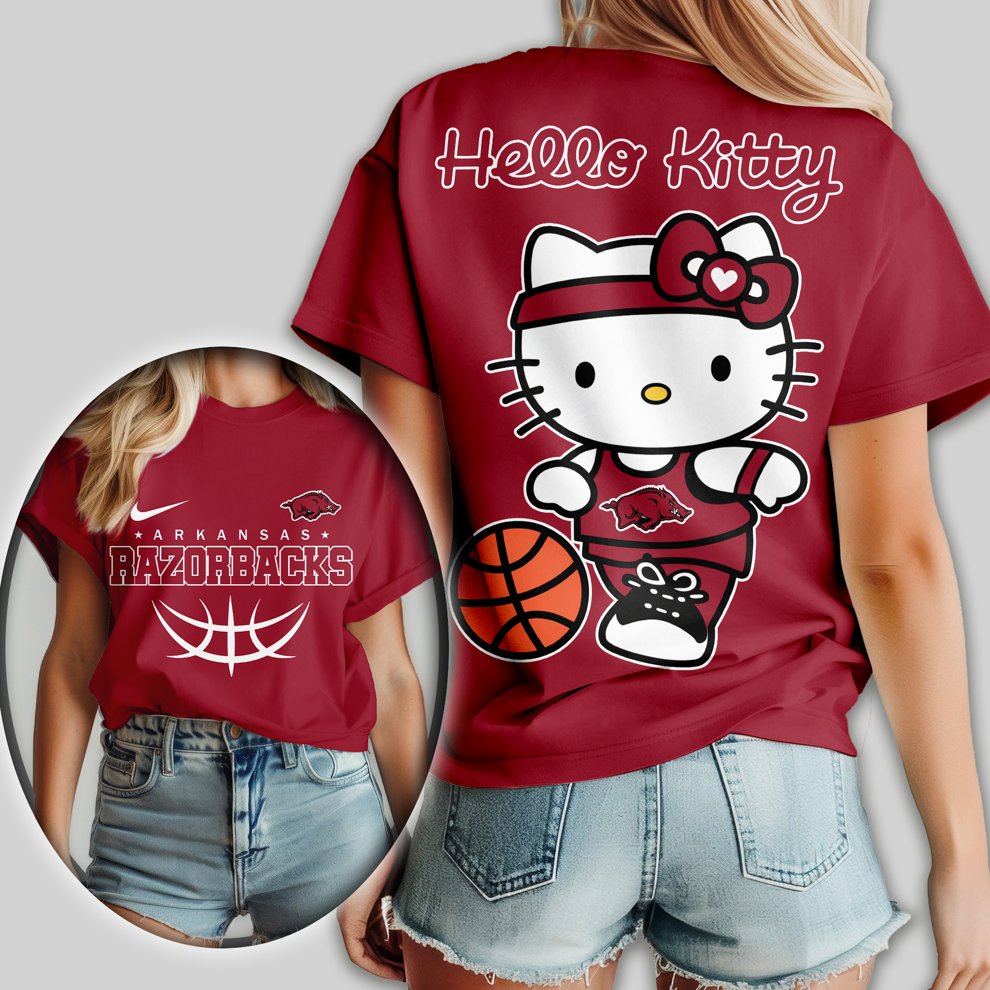 Arkansas Razorbacks | Premium NCAA Hello Kitty Basketball Women Shirt - Image 3