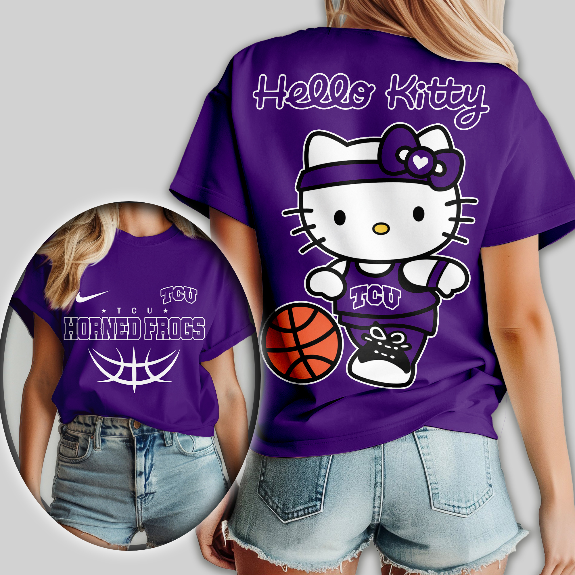 TCU Horned Frogs | Premium NCAA Hello Kitty Basketball Women Shirt - Image 3