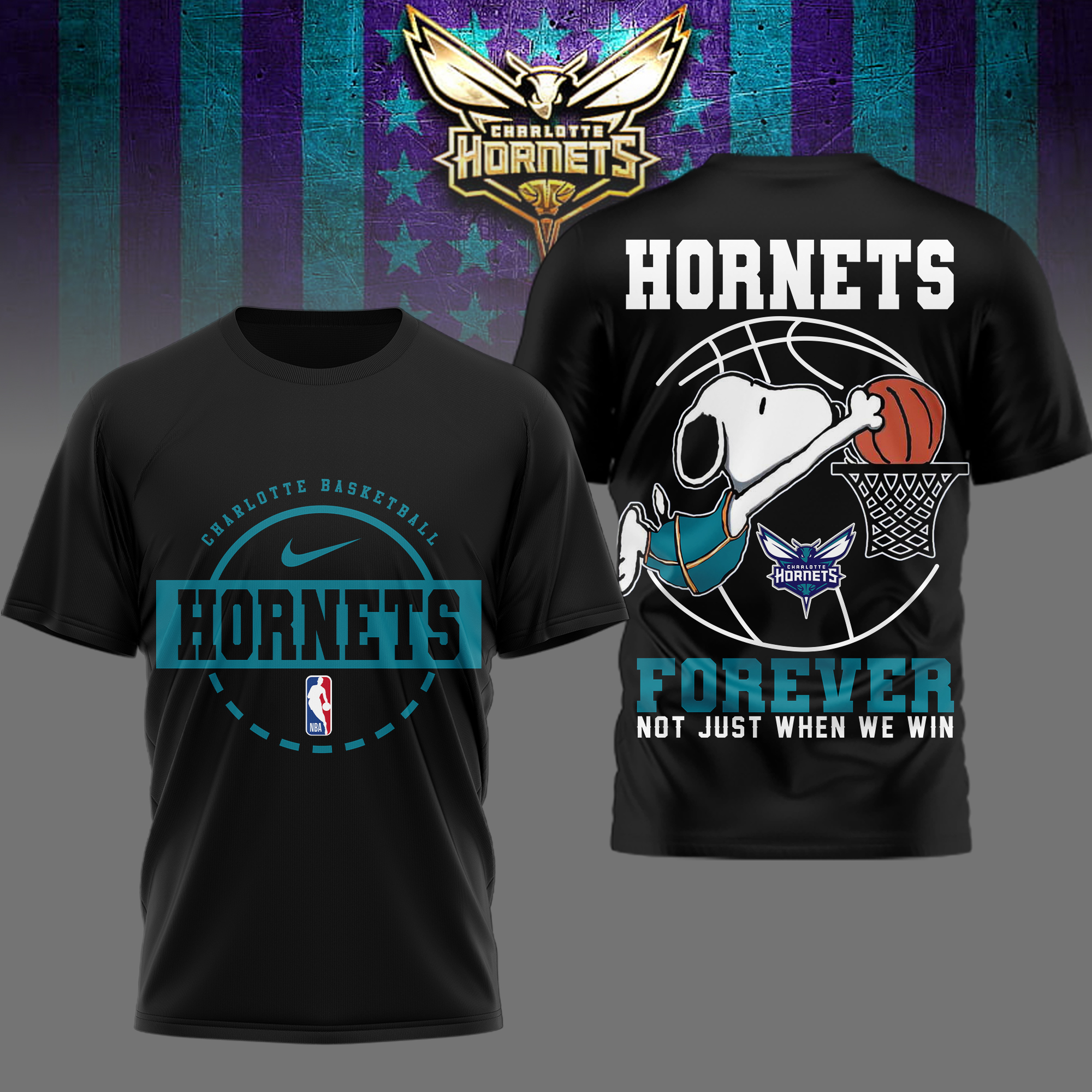 Charlotte Hornets | Premium NBA Snoopy Forever Loyal 3D Shirt - Image 2