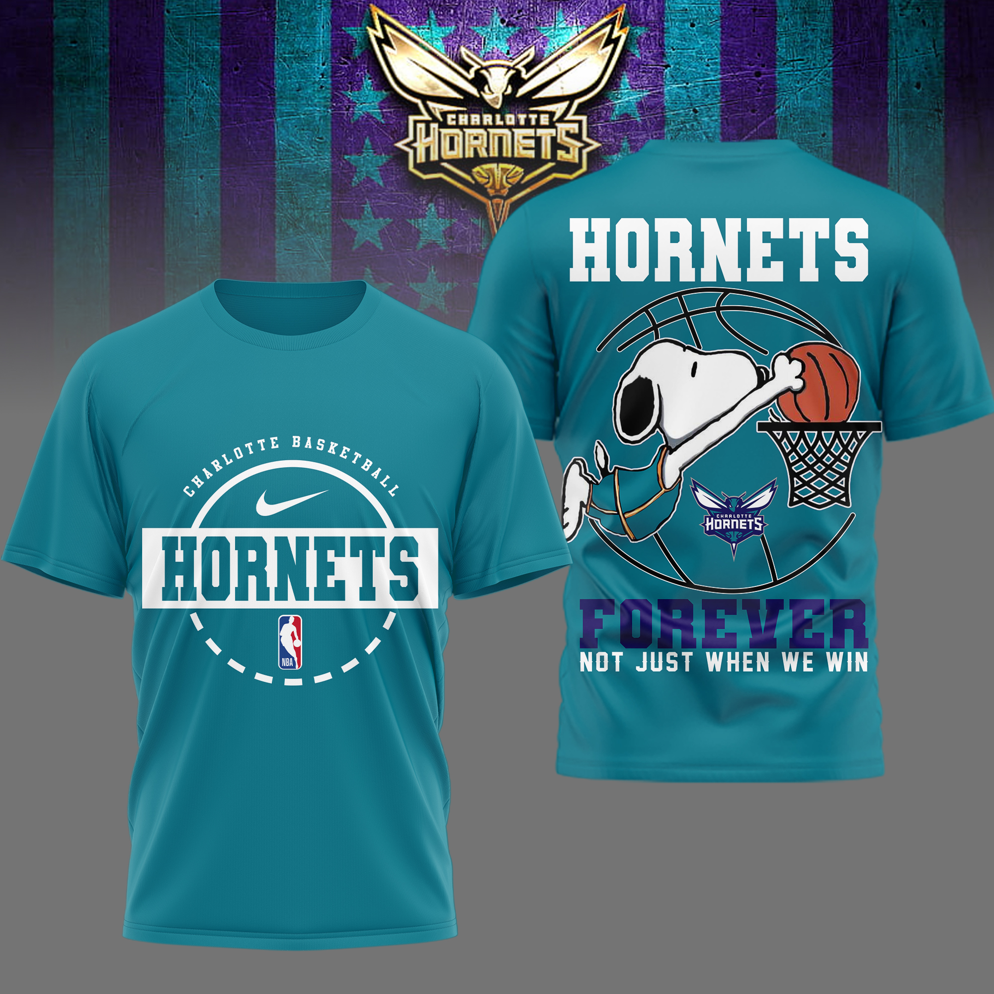 Charlotte Hornets | Premium NBA Snoopy Forever Loyal 3D Shirt - Image 3