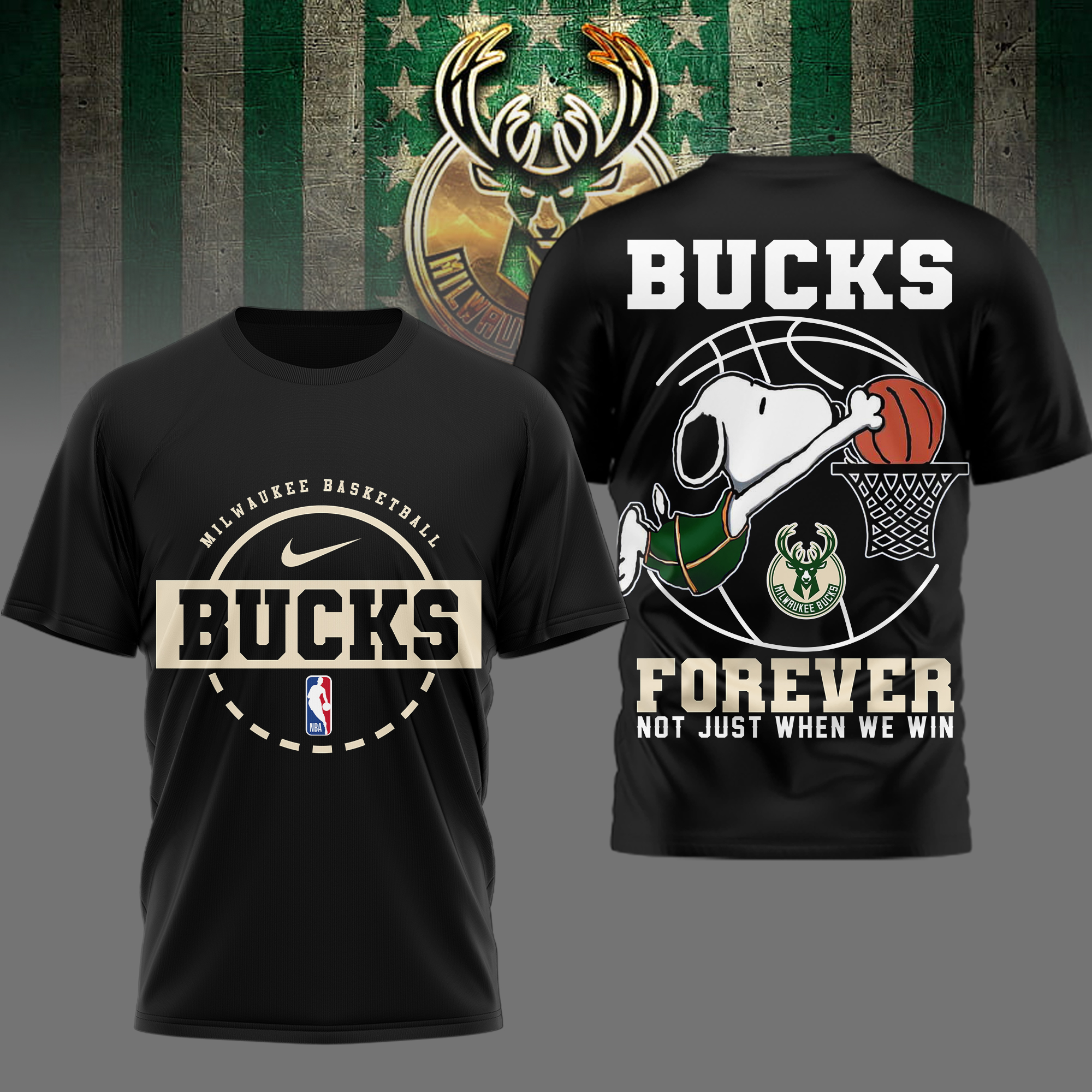 Milwaukee Bucks | Premium NBA Snoopy Forever Loyal 3D Shirt - Image 2