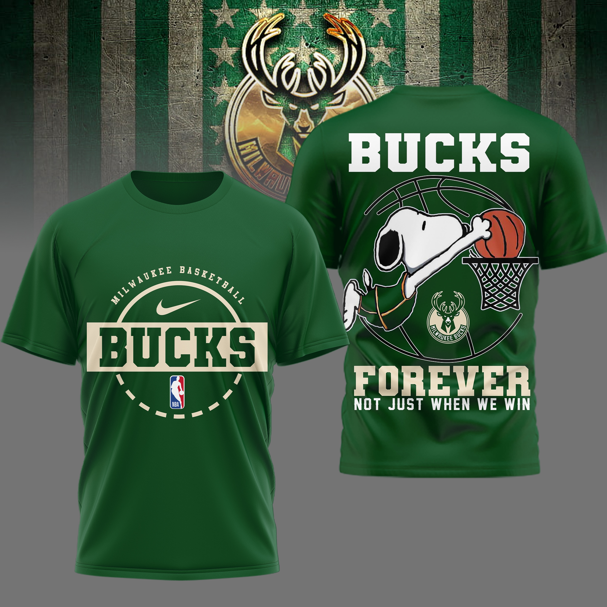 Milwaukee Bucks | Premium NBA Snoopy Forever Loyal 3D Shirt - Image 3