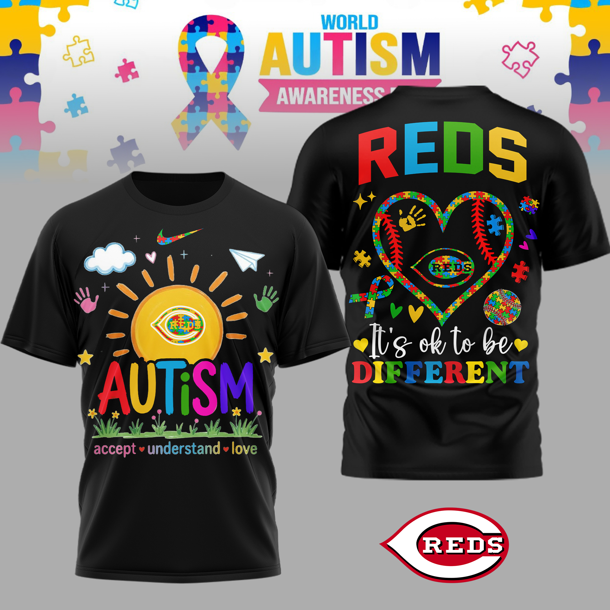 Cincinnati Reds | Premium MLB Autism Acceptance 3D Shirt - Image 2