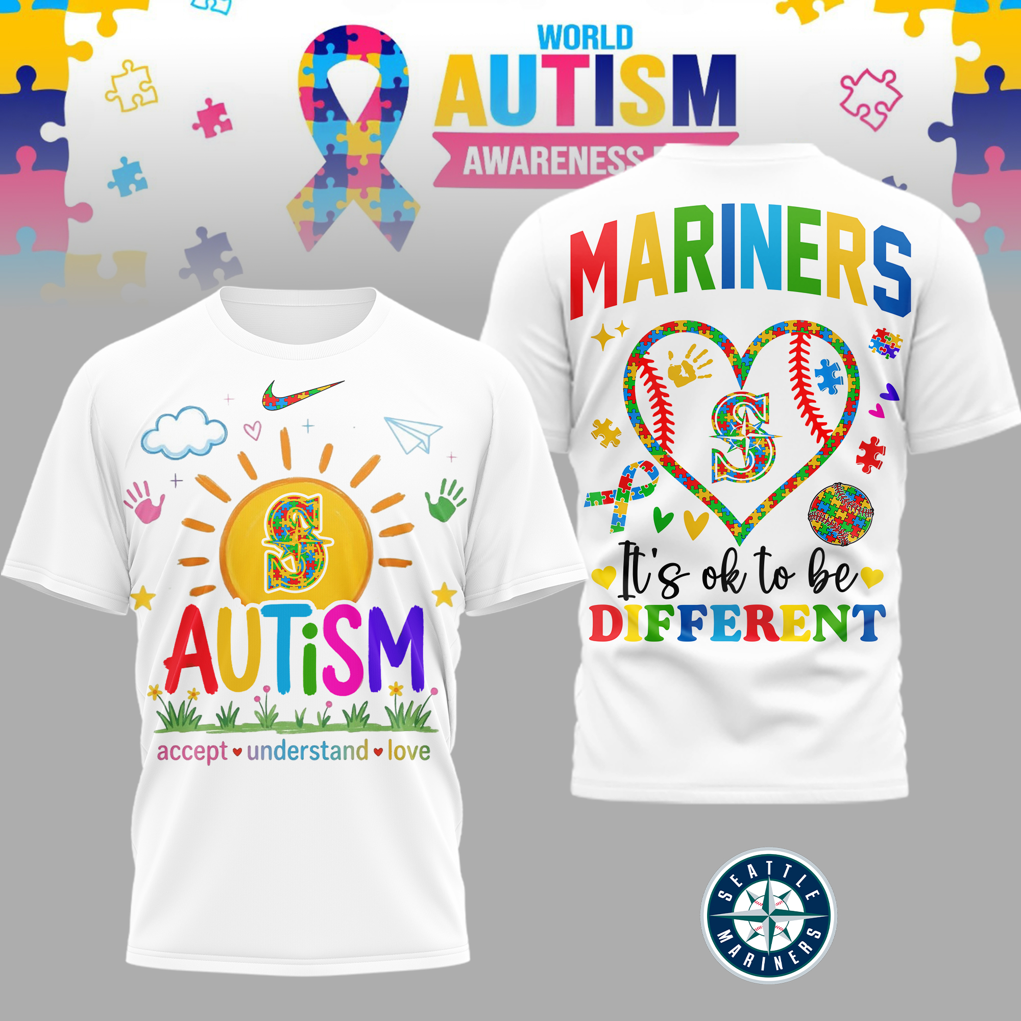 Seattle Mariners | Premium MLB Autism Acceptance 3D Shirt