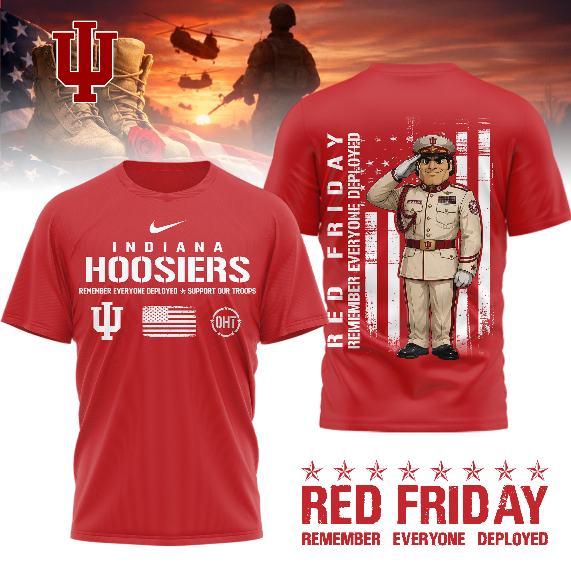 Indiana Hoosiers | Premium NCAA Remember Everyone Deployed 3d Shirt