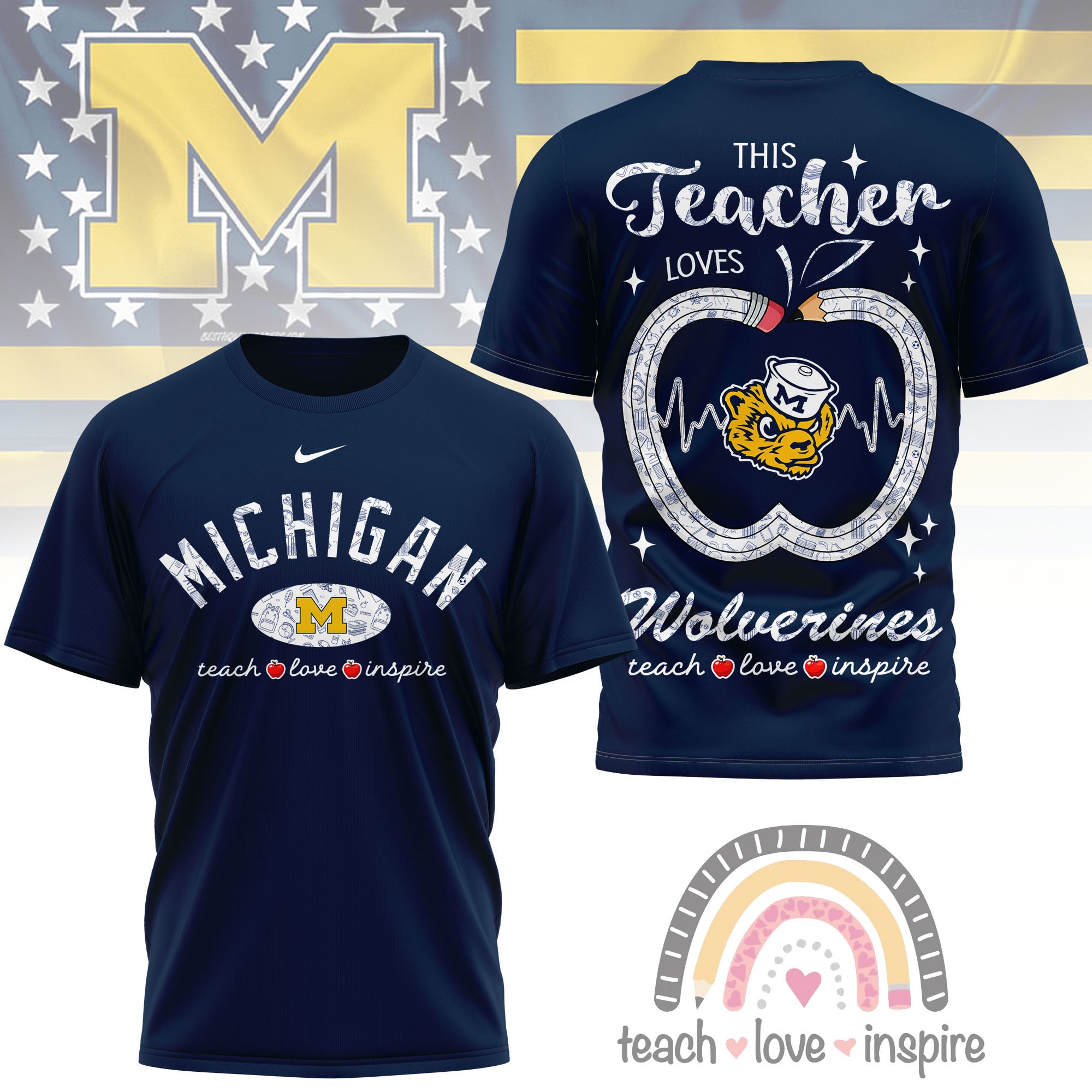 Michigan Wolverines | Premium NCAA Teacher Love Inspire 3D T-Shirt - Image 4