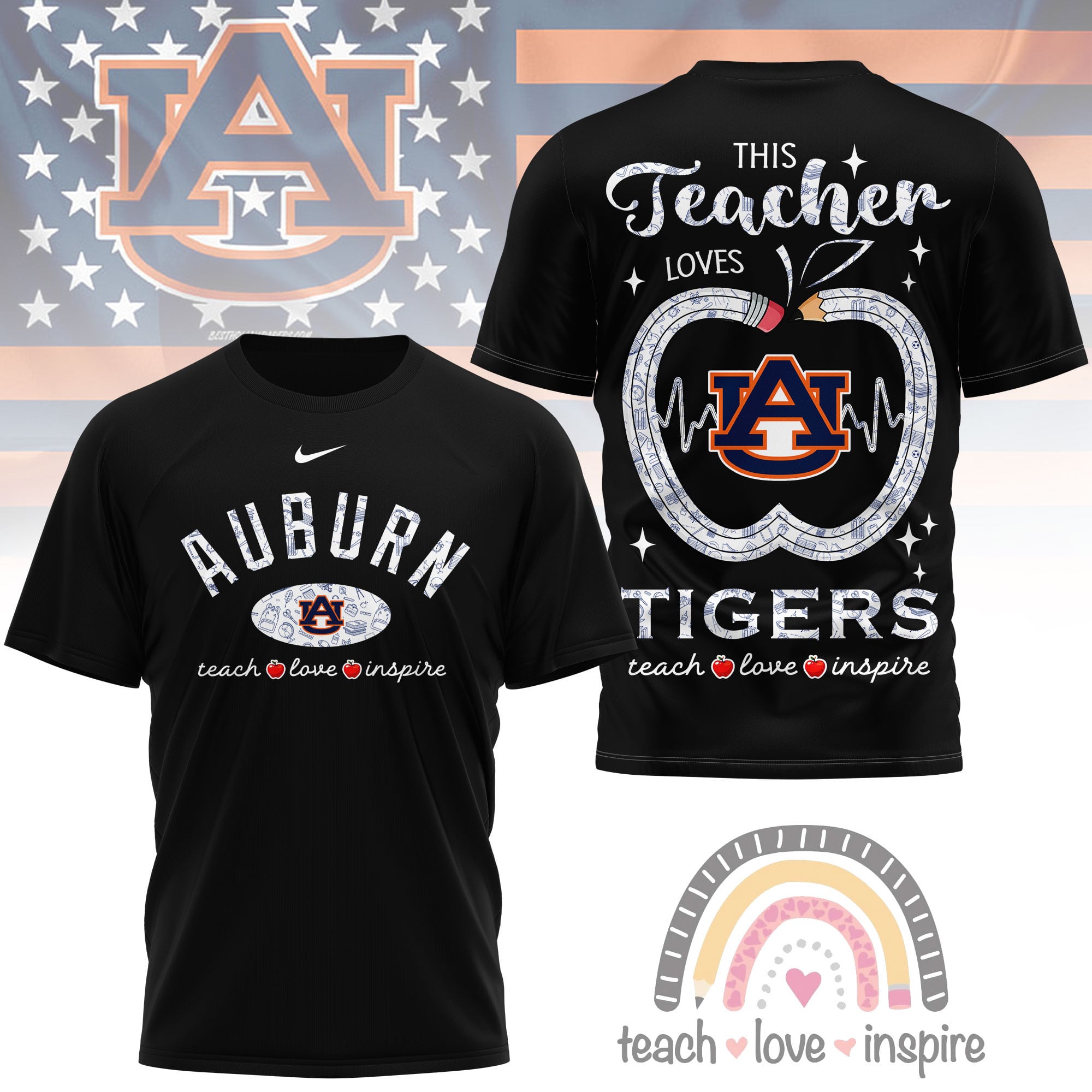 Auburn Tigers | Premium NCAA Teacher Love Inspire 3D T-Shirt - Image 2