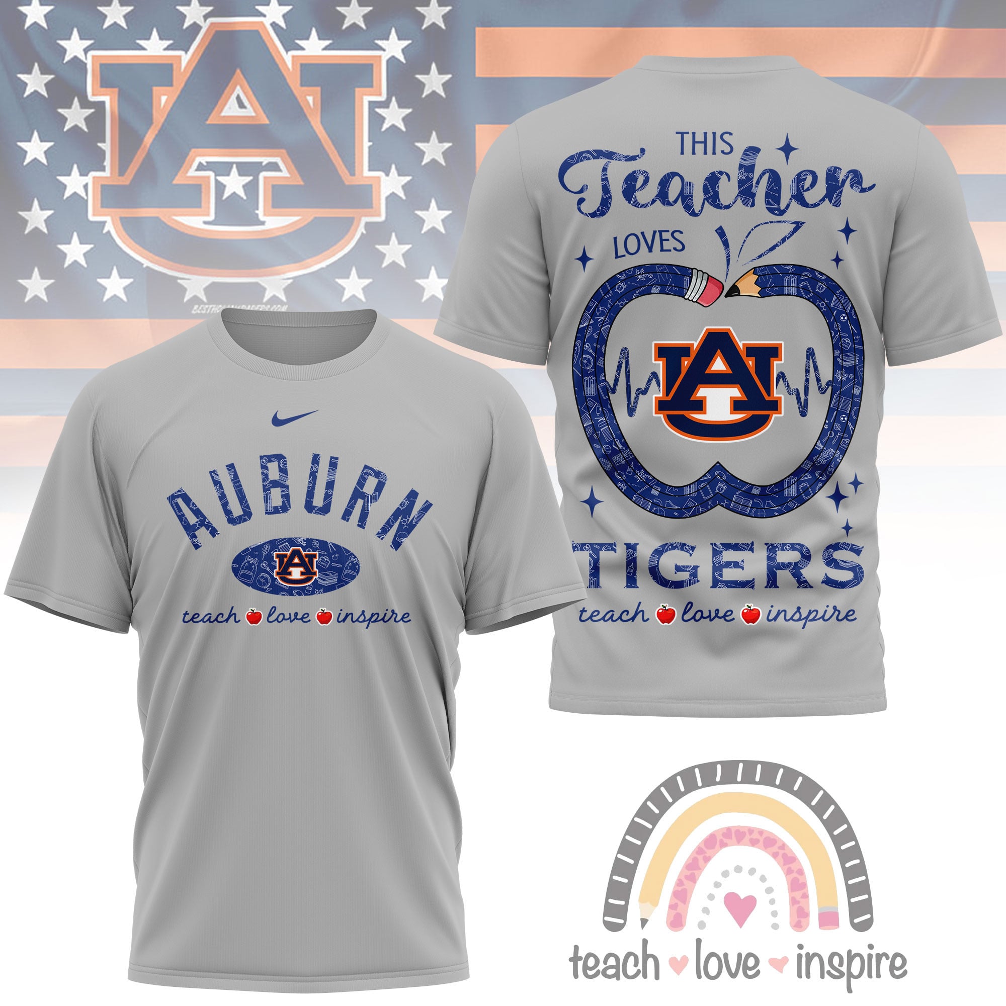 Auburn Tigers | Premium NCAA Teacher Love Inspire 3D T-Shirt - Image 3