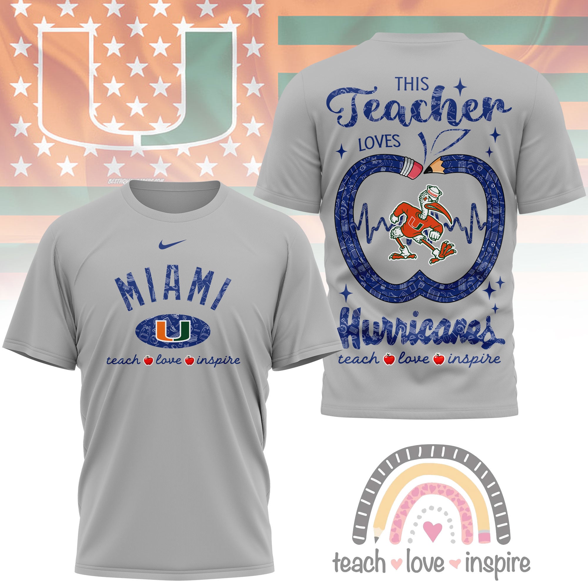 Miami Hurricanes | Premium NCAA Teacher Love Inspire 3D T-Shirt - Image 3