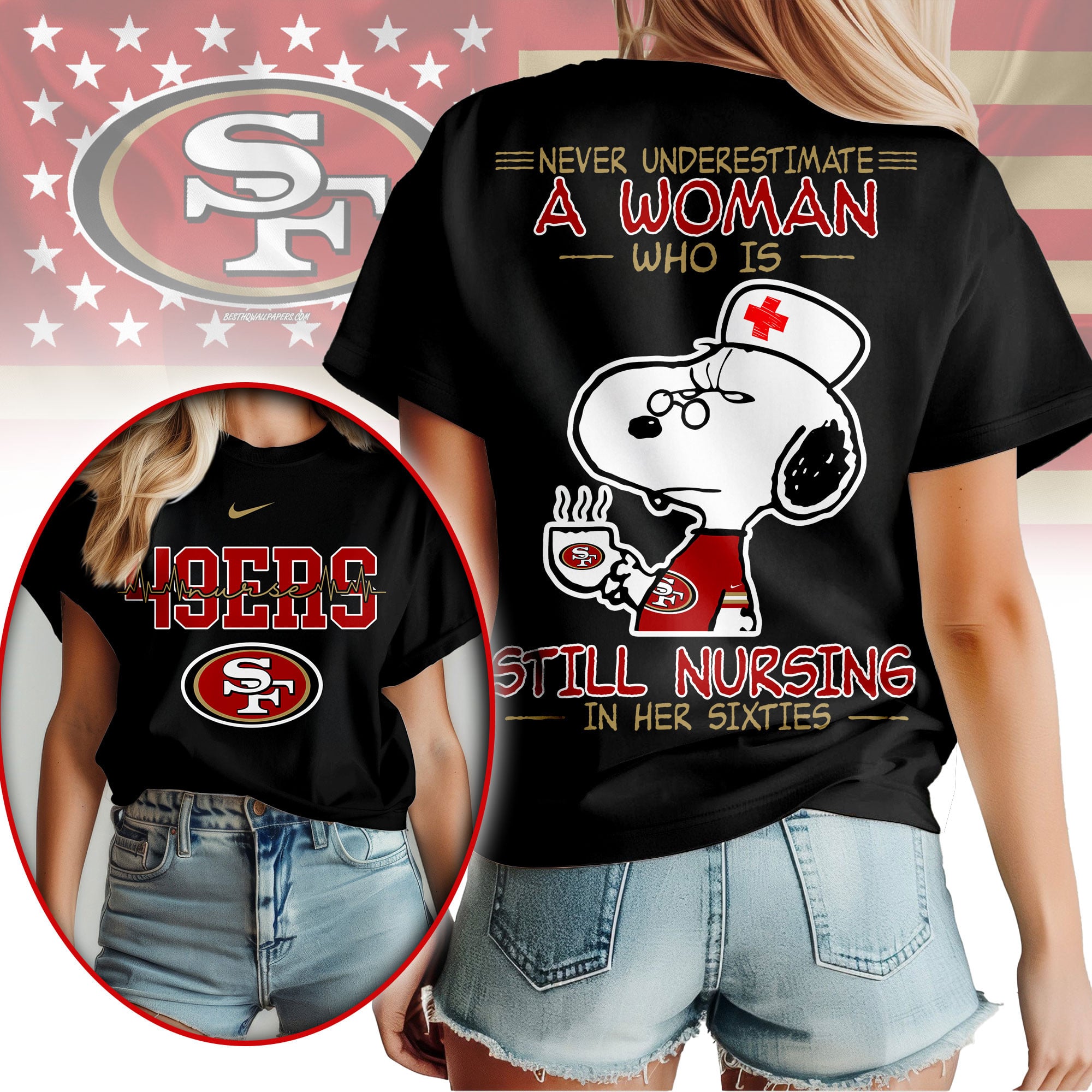 San Francisco 49ers | Premium NFL Never Underestimate A Nurse Women Shirt - Image 2