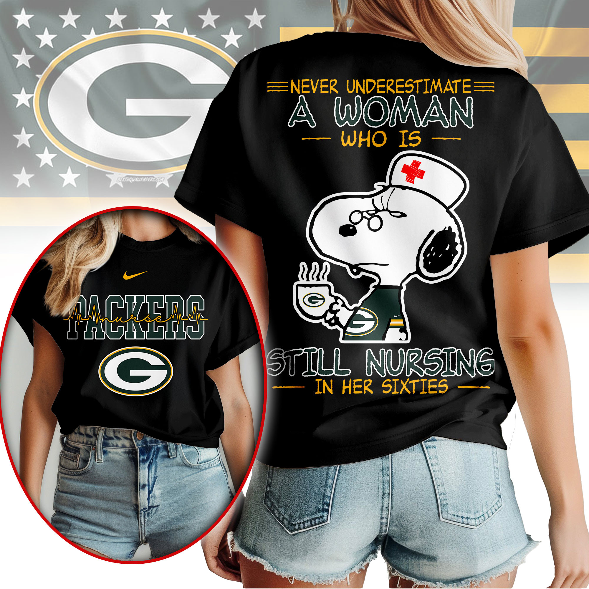 Green Bay Packers | Premium NFL Never Underestimate A Nurse Women Shirt - Image 2
