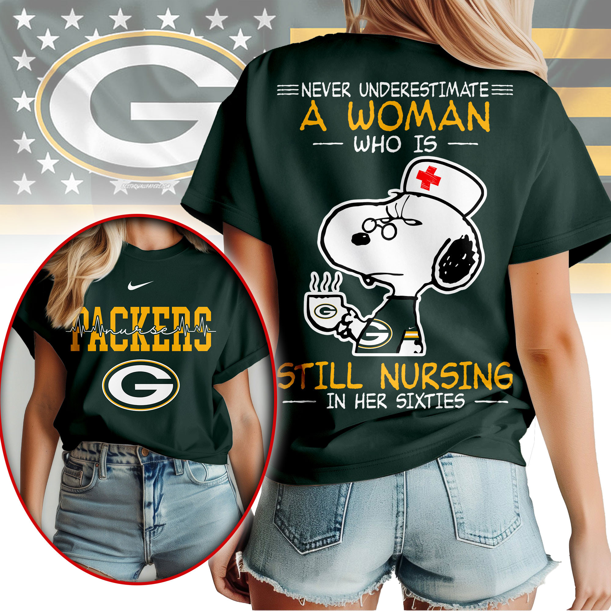 Green Bay Packers | Premium NFL Never Underestimate A Nurse Women Shirt - Image 3