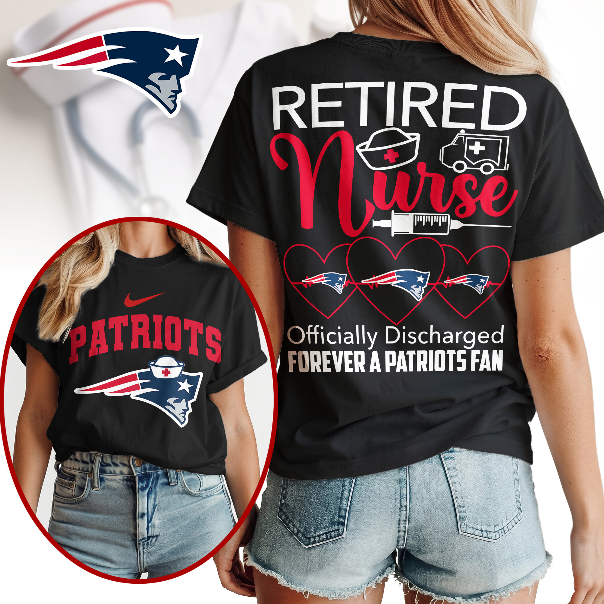 New England Patriots | Premium NFL Retired Nurse Officially Discharged Women Shirt - Image 2