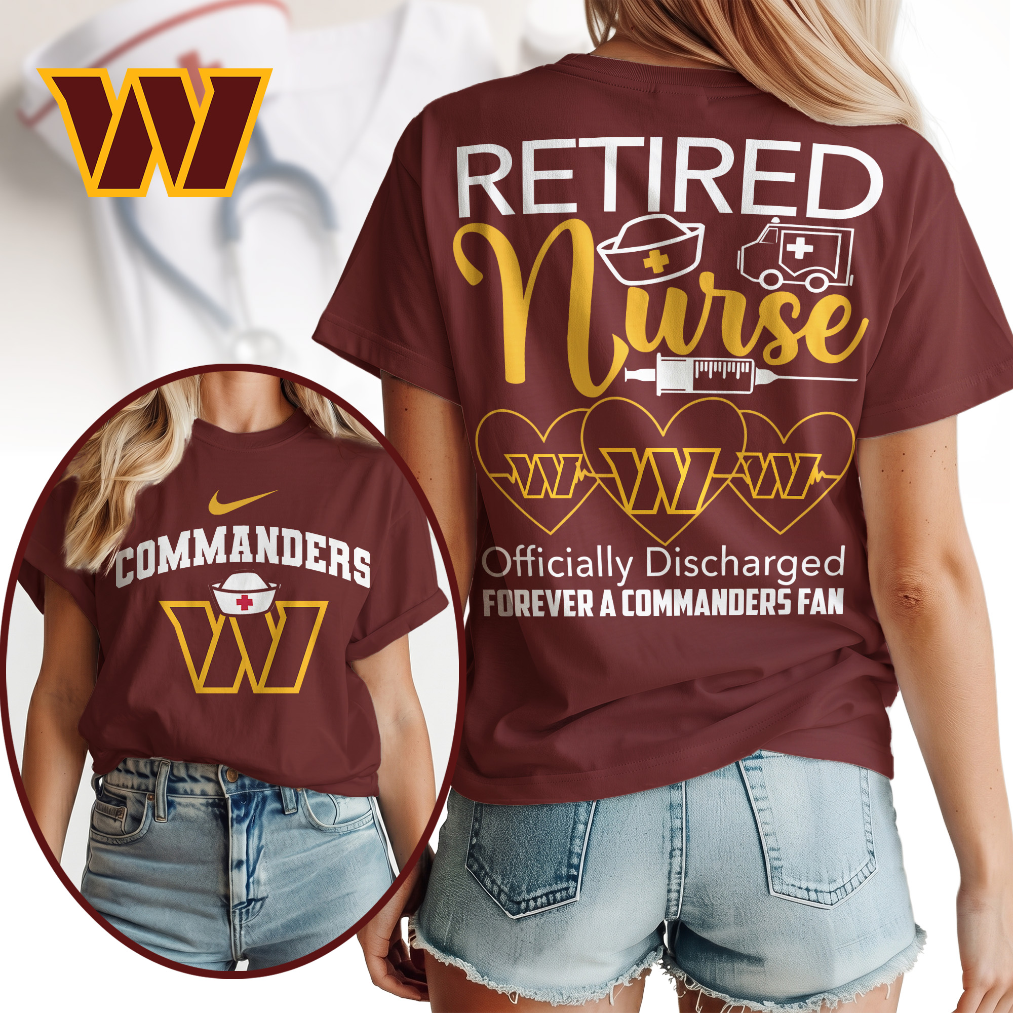 Washington Commanders | Premium NFL Retired Nurse Officially Discharged Women Shirt - Image 3