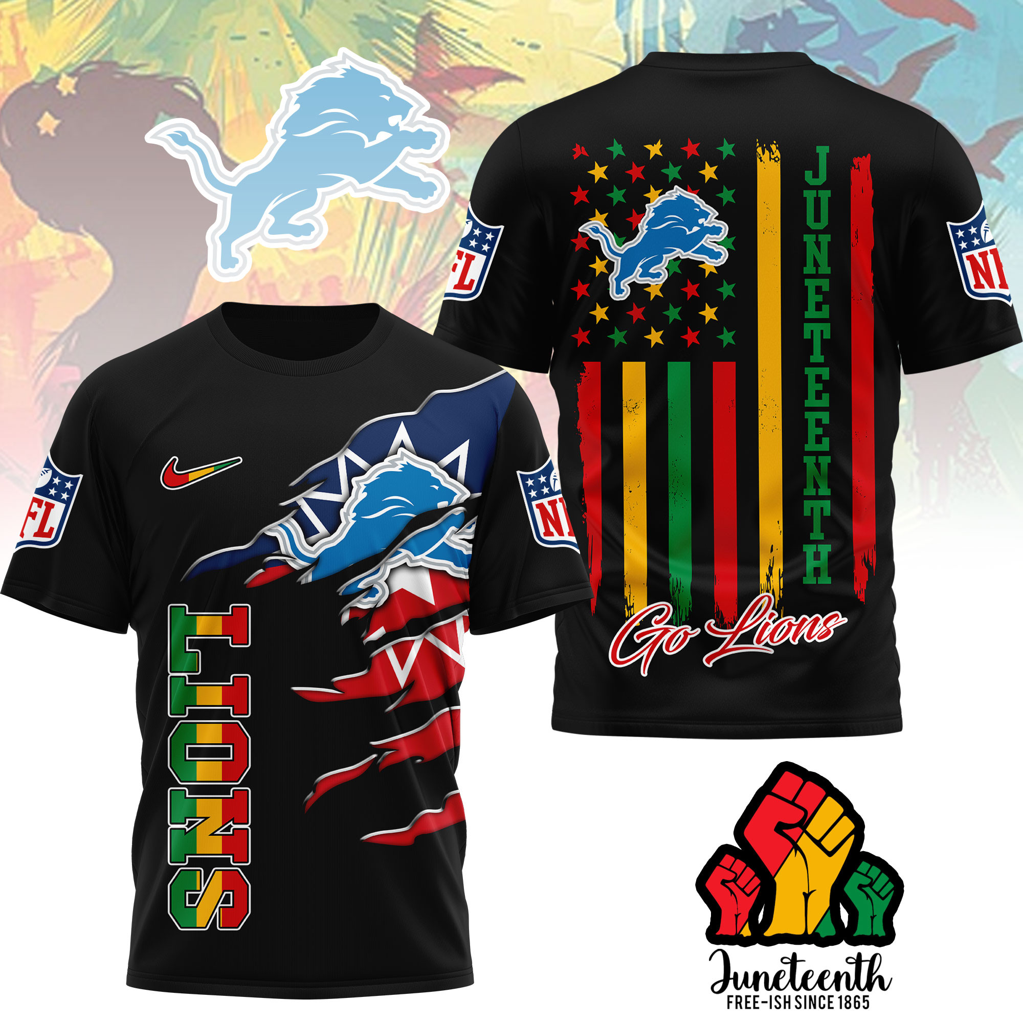 Detroit Lions | Premium NFL Juneteenth Freedom 3D Shirt - Image 2