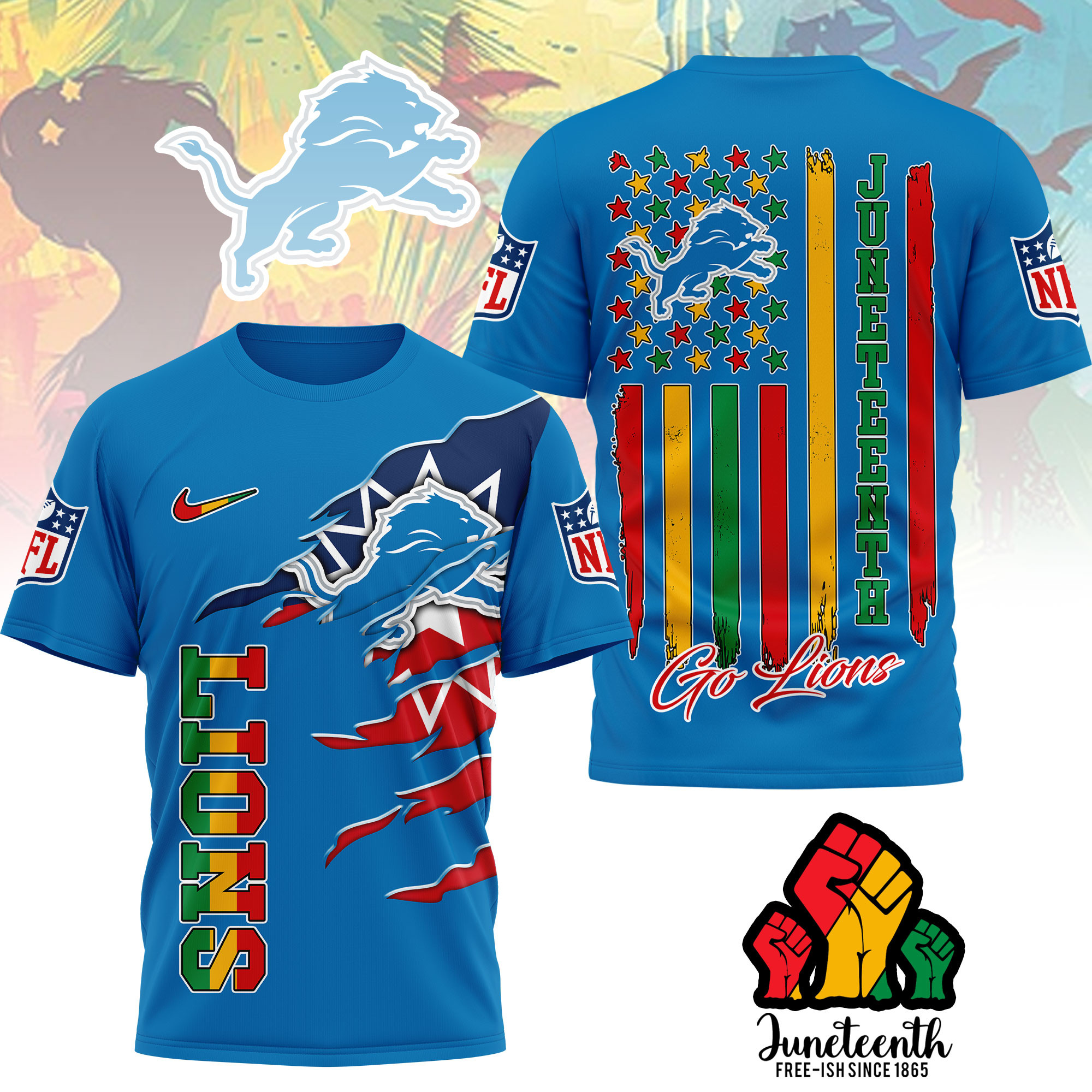 Detroit Lions | Premium NFL Juneteenth Freedom 3D Shirt - Image 3