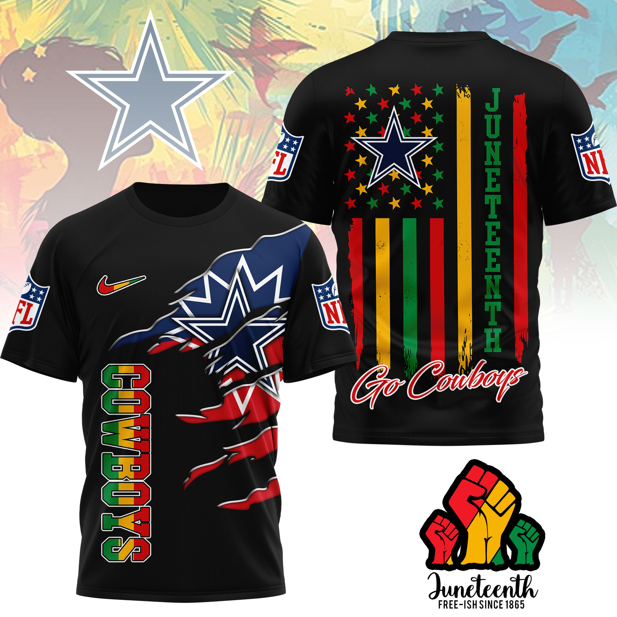 Dallas Cowboys | Premium NFL Juneteenth Freedom 3D Shirt - Image 2