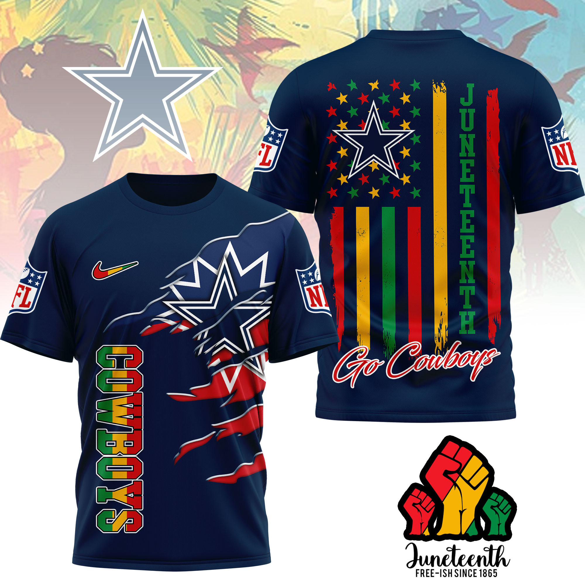 Dallas Cowboys | Premium NFL Juneteenth Freedom 3D Shirt - Image 3