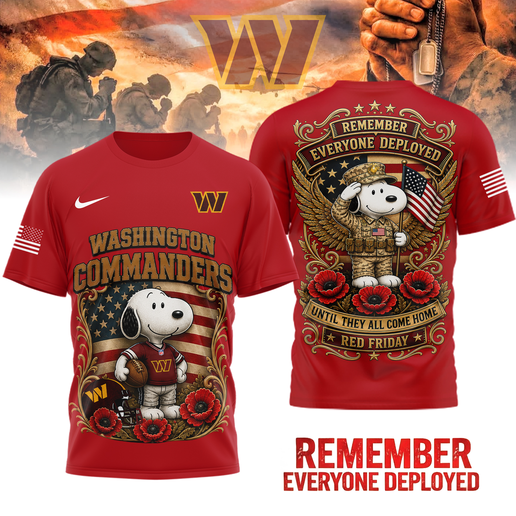 Washington Commanders | Premium NFL Snoopy Remember Everyone Deployed 3D Shirt